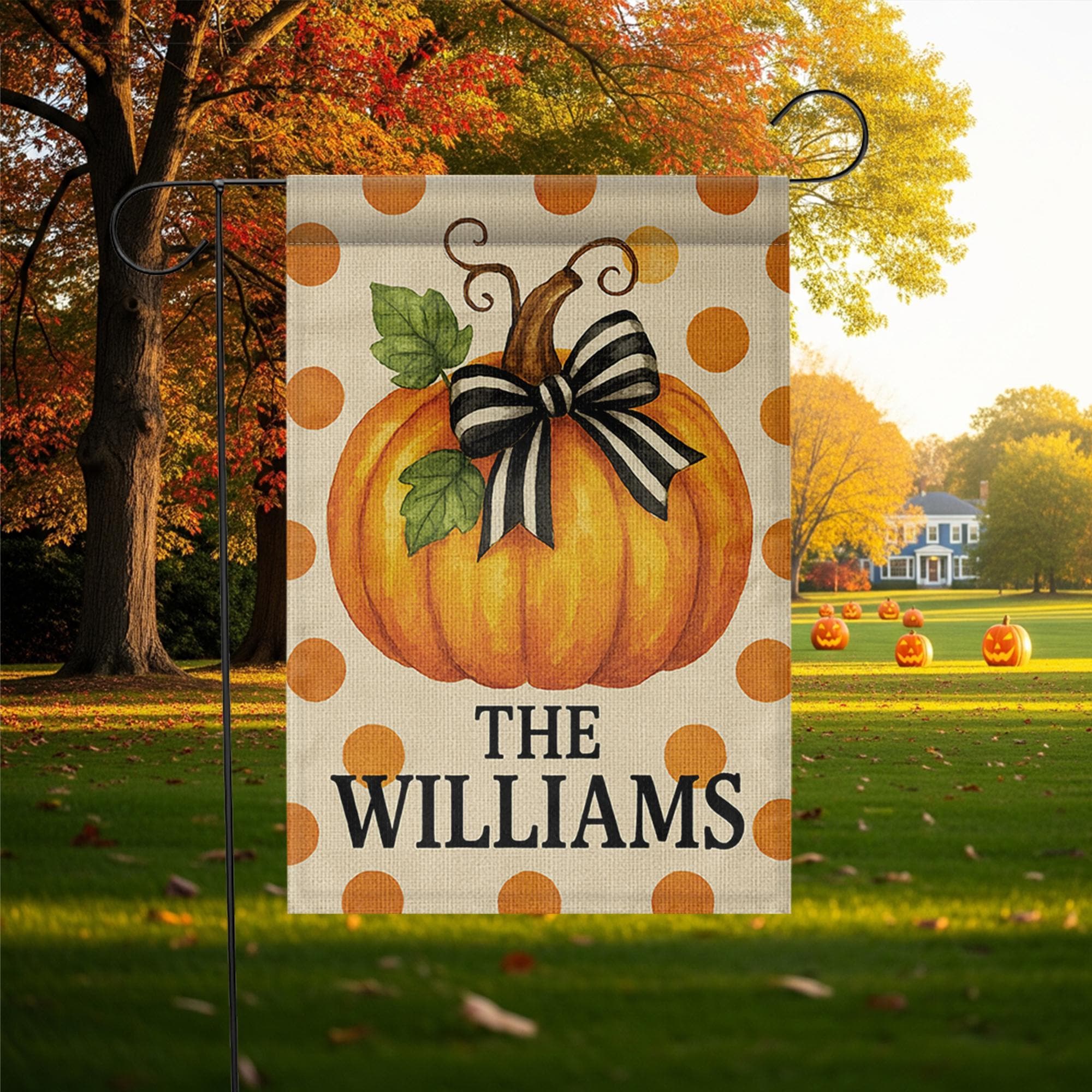 Personalized Fall Garden Flag, Pumpkin Yard Decor with Name, Autumn Outdoor Polka Dot Flag, Custom Family Porch Decoration