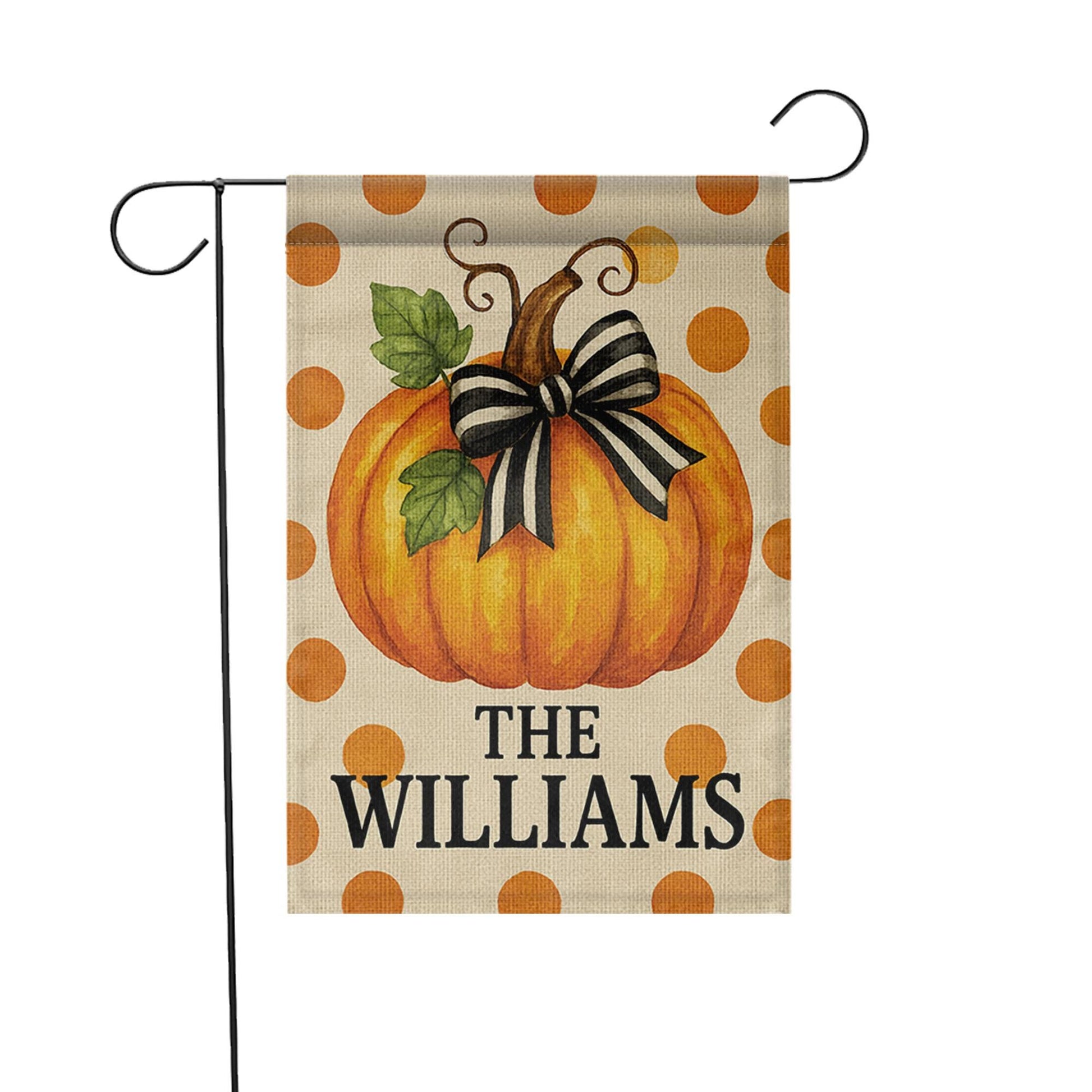 Personalized Fall Garden Flag, Pumpkin Yard Decor with Name, Autumn Outdoor Polka Dot Flag, Custom Family Porch Decoration