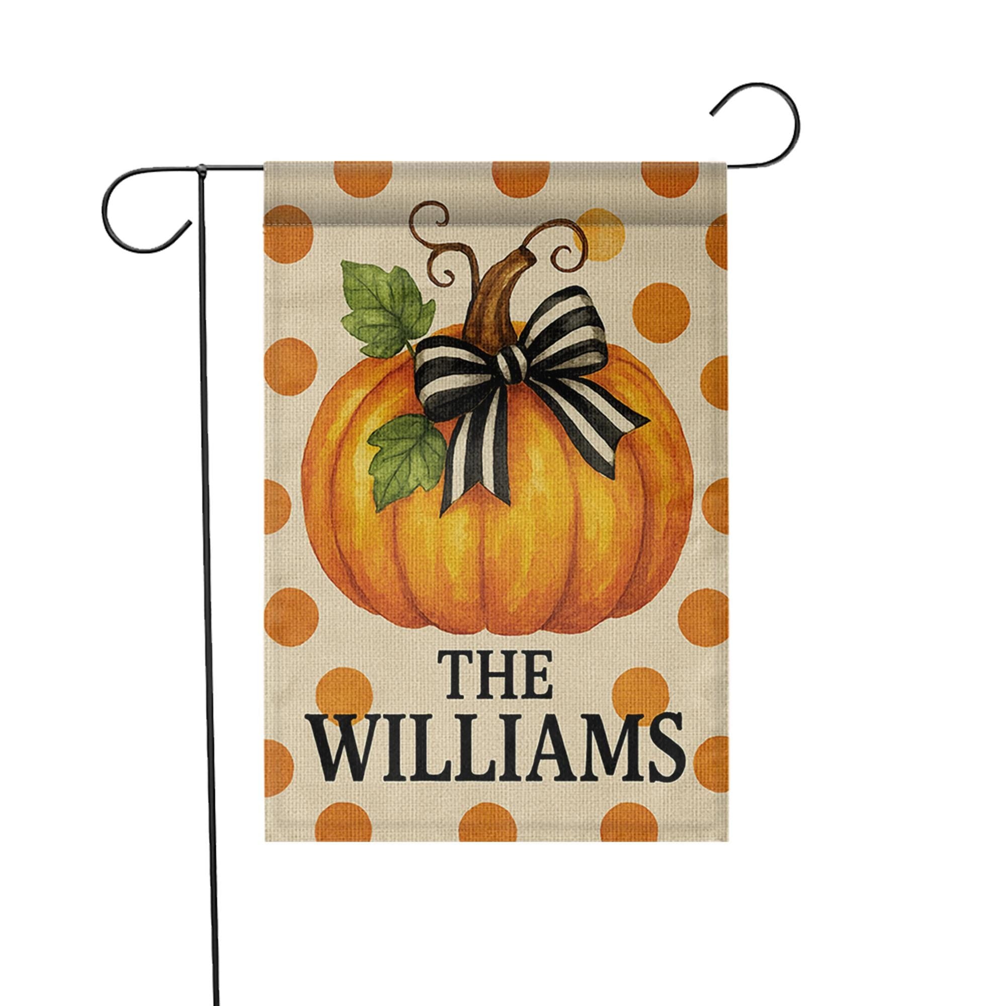 Personalized Fall Garden Flag, Pumpkin Yard Decor with Name, Autumn Outdoor Polka Dot Flag, Custom Family Porch Decoration