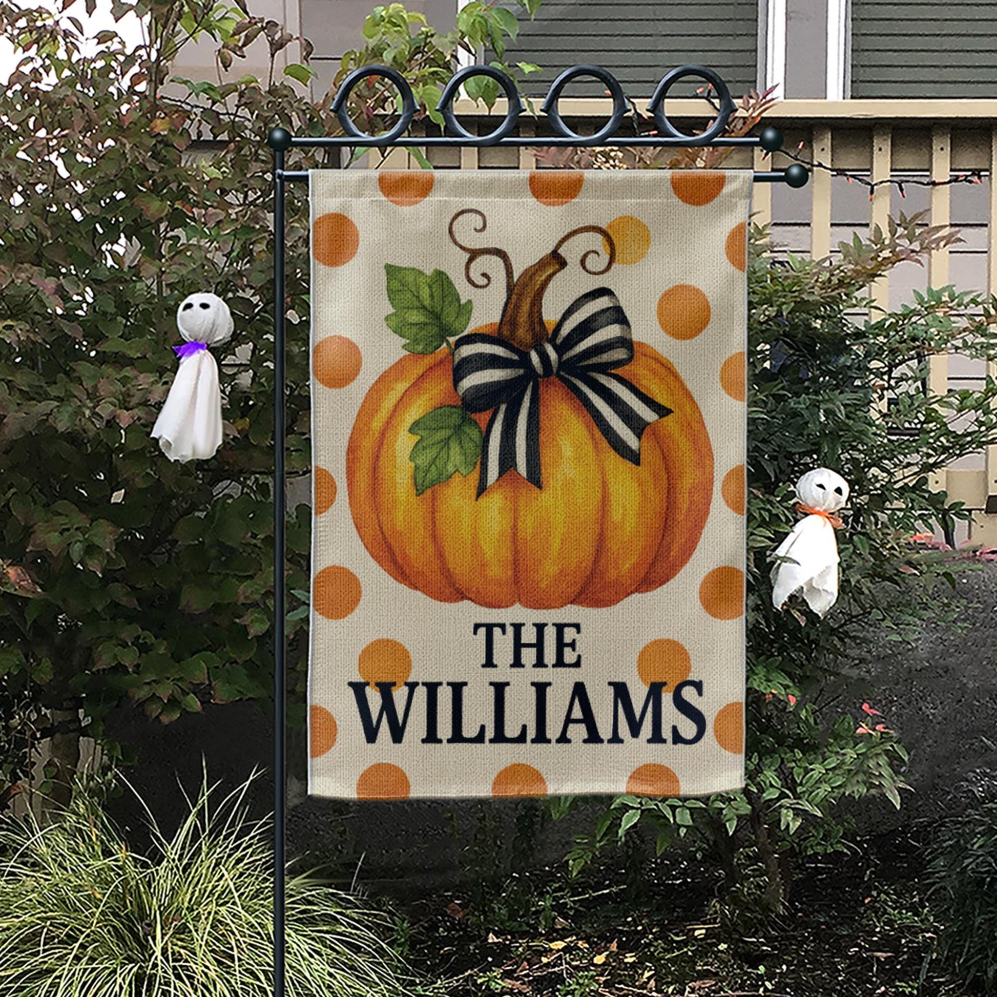 Personalized Fall Garden Flag, Pumpkin Yard Decor with Name, Autumn Outdoor Polka Dot Flag, Custom Family Porch Decoration
