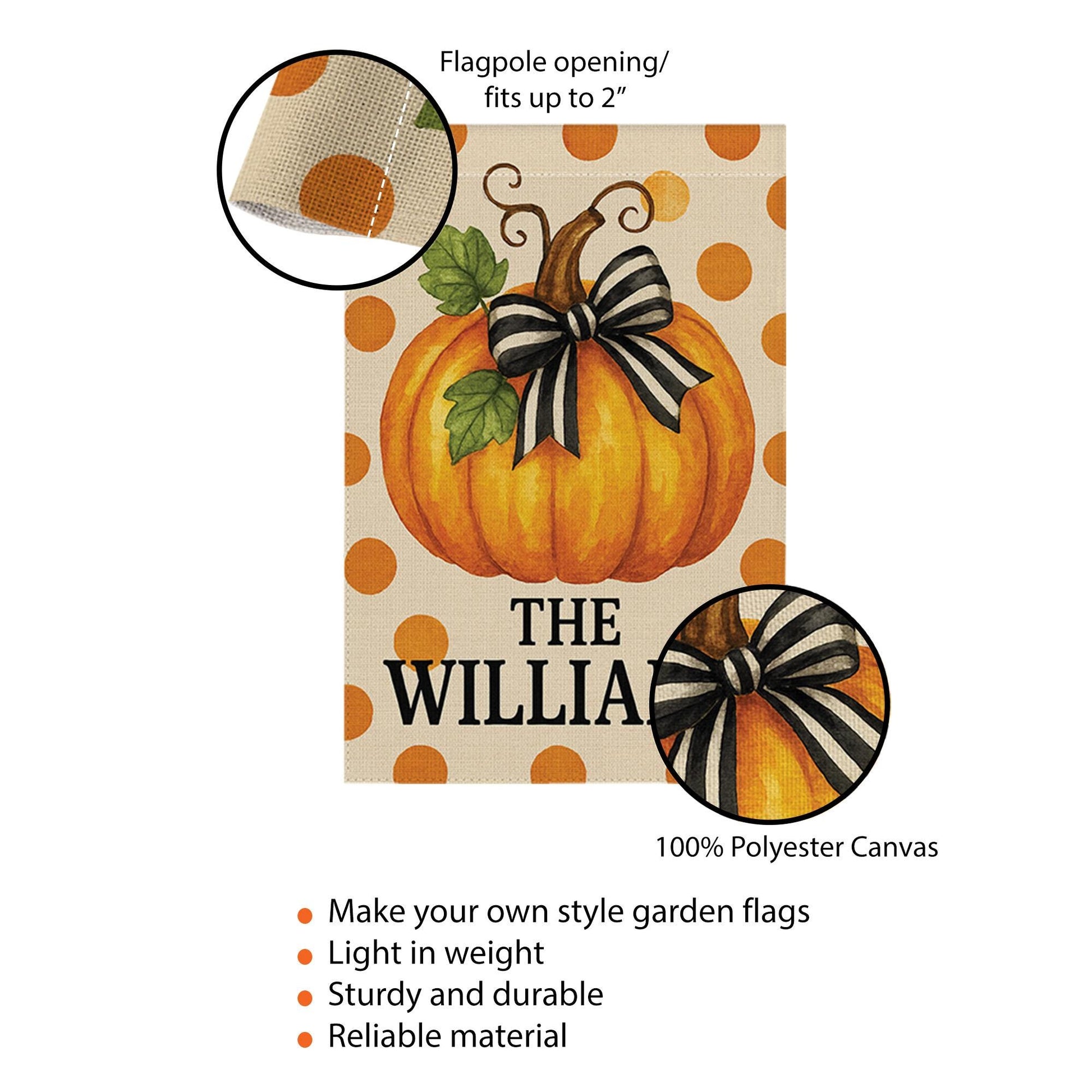 Personalized Fall Garden Flag, Pumpkin Yard Decor with Name, Autumn Outdoor Polka Dot Flag, Custom Family Porch Decoration