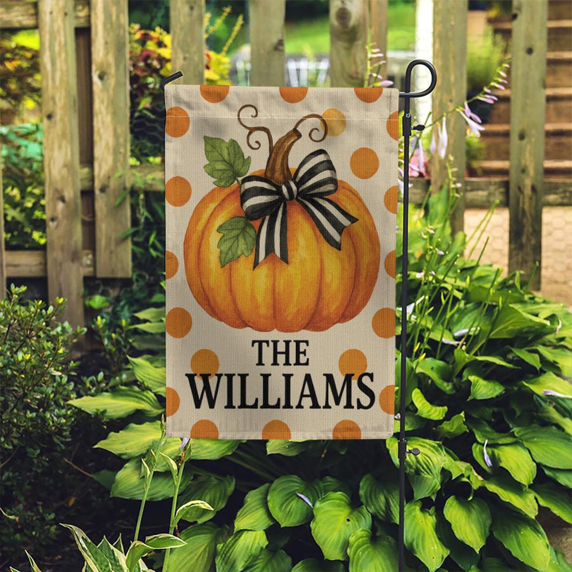 Personalized Fall Garden Flag, Pumpkin Yard Decor with Name, Autumn Outdoor Polka Dot Flag, Custom Family Porch Decoration