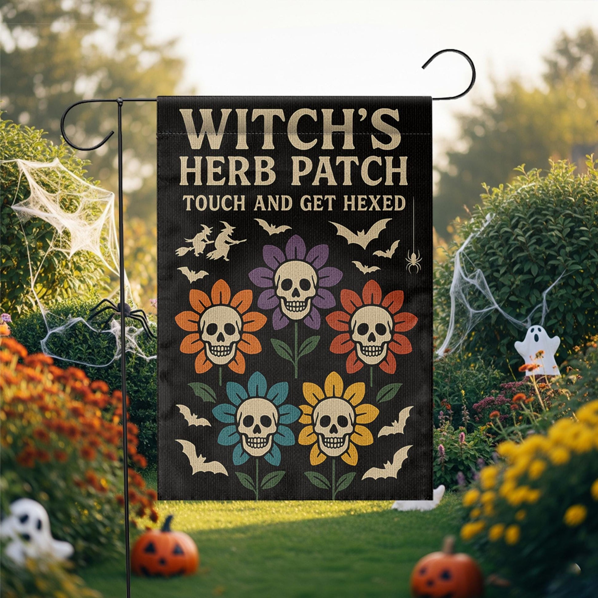Witch’s Herb Patch Garden Flag, Halloween Skull Flower Yard Decor, Touch and Get Hexed Flag, Funny Spooky Outdoor Decoration