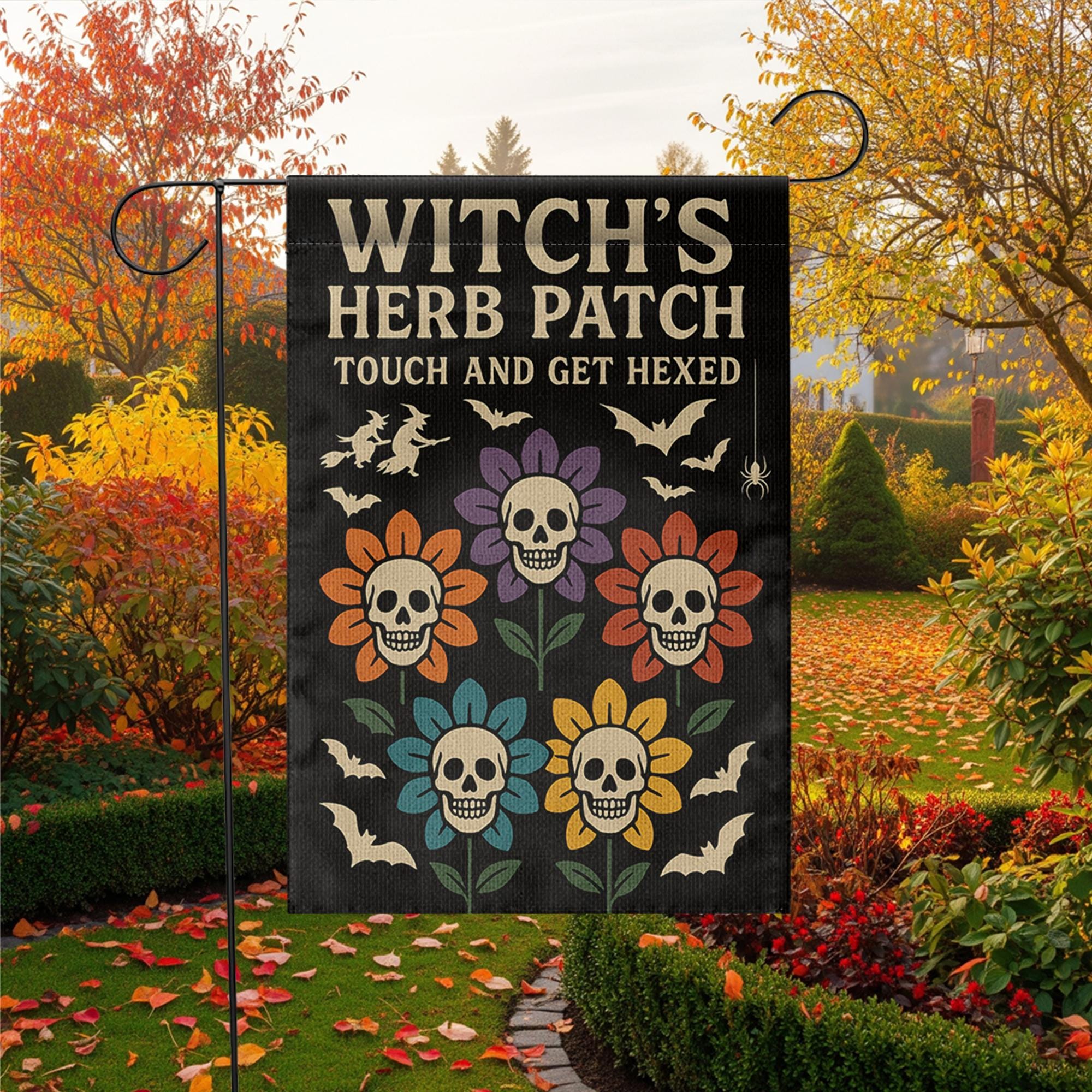 Witch’s Herb Patch Garden Flag, Halloween Skull Flower Yard Decor, Touch and Get Hexed Flag, Funny Spooky Outdoor Decoration