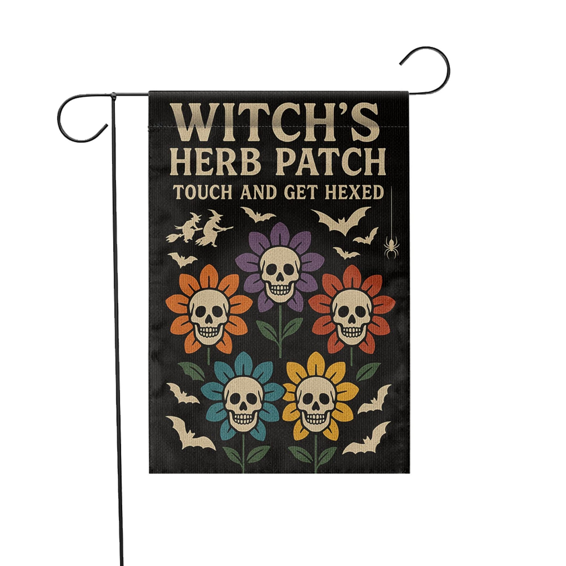 Witch’s Herb Patch Garden Flag, Halloween Skull Flower Yard Decor, Touch and Get Hexed Flag, Funny Spooky Outdoor Decoration