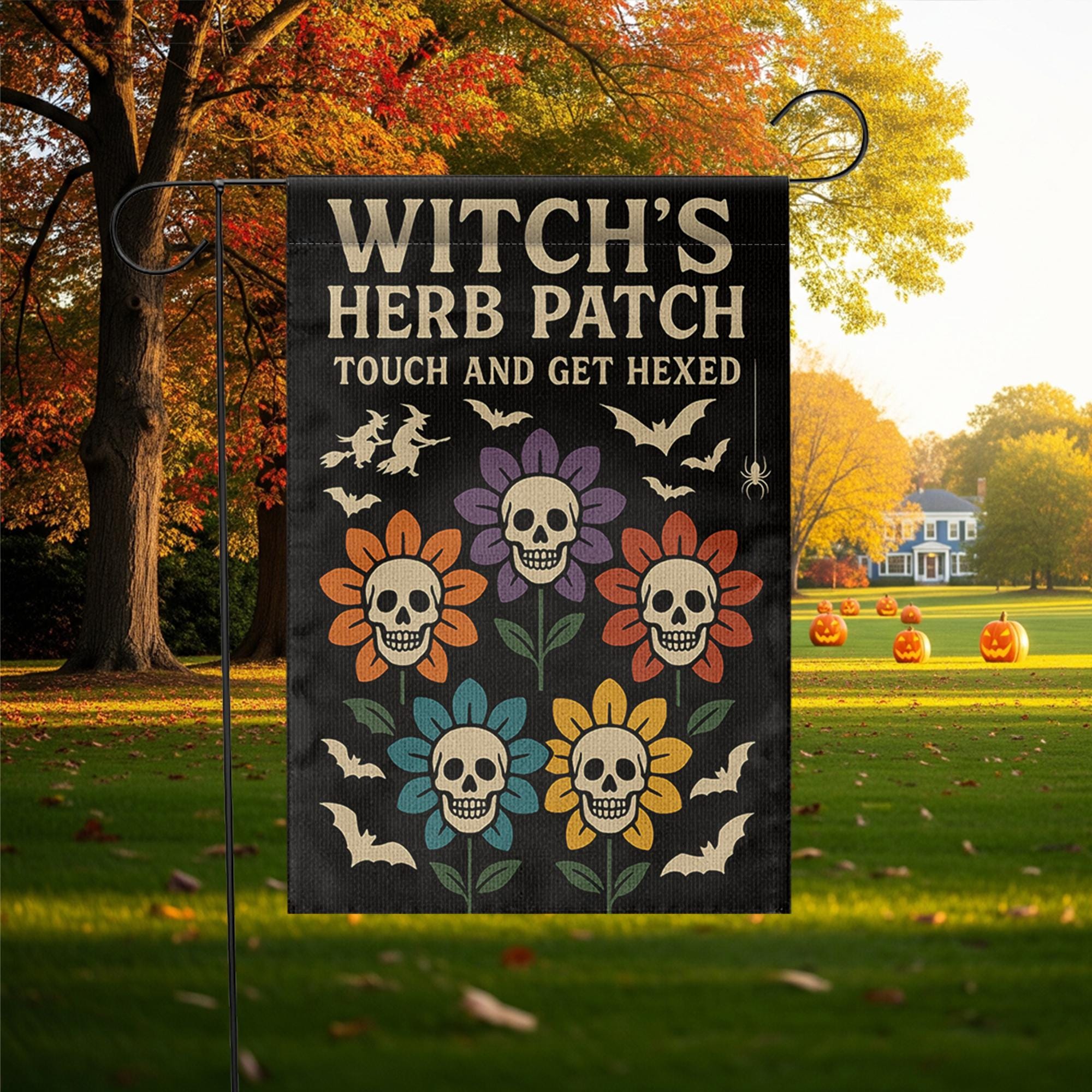 Witch’s Herb Patch Garden Flag, Halloween Skull Flower Yard Decor, Touch and Get Hexed Flag, Funny Spooky Outdoor Decoration