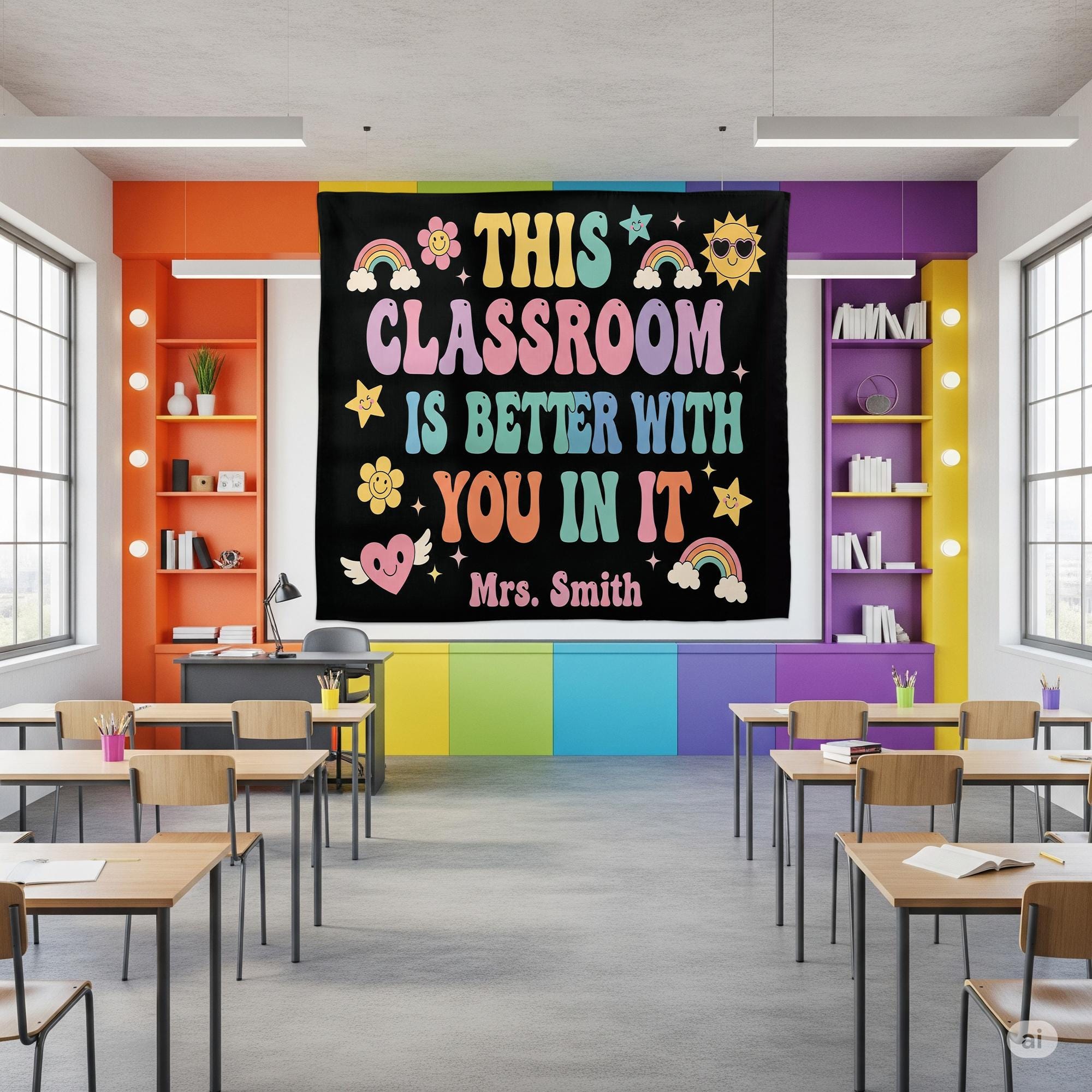 This Classroom Is Better With You Tapestry, Teacher Wall Decor, Back to School Classroom Sign, Teacher Name Personalized Banner