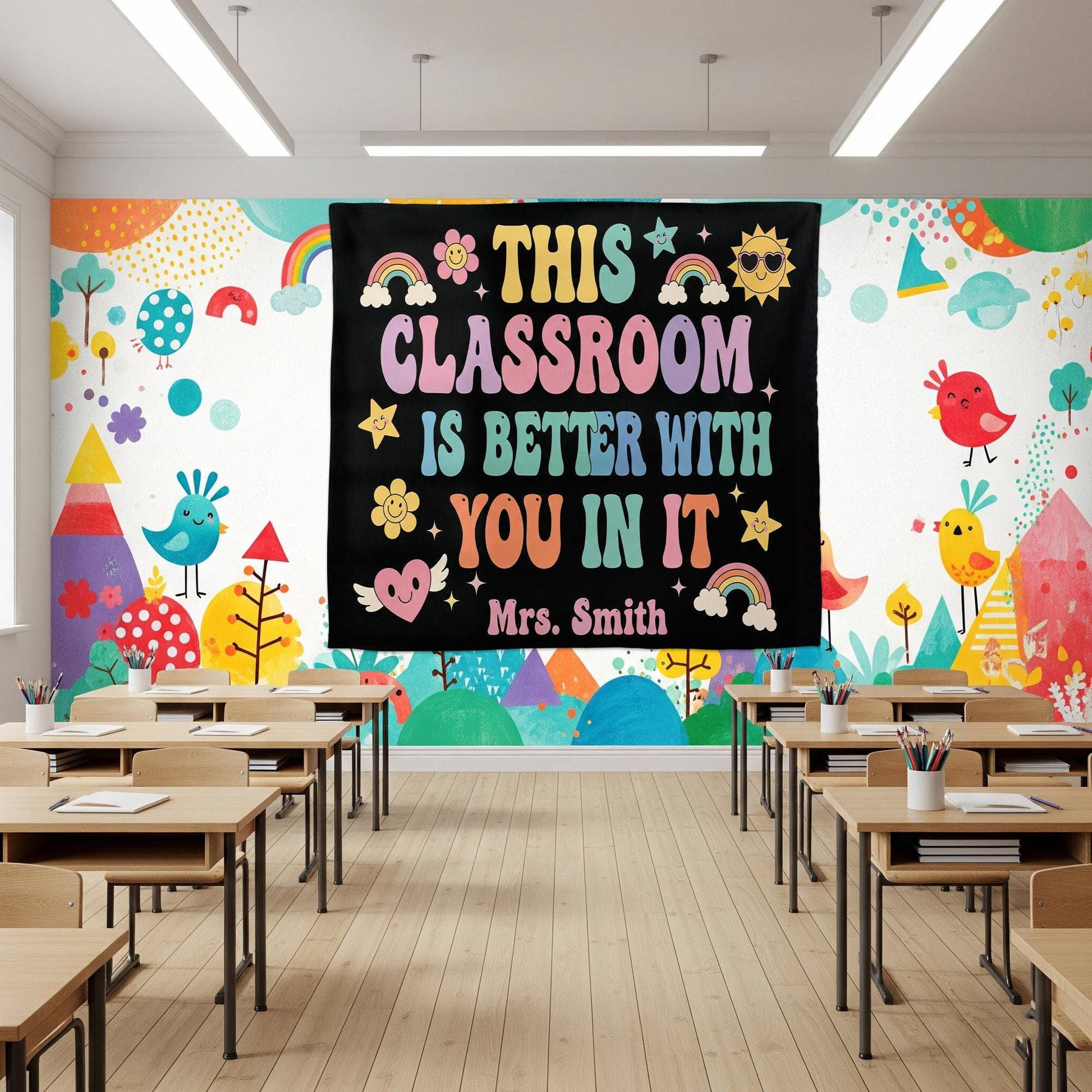 This Classroom Is Better With You Tapestry, Teacher Wall Decor, Back to School Classroom Sign, Teacher Name Personalized Banner