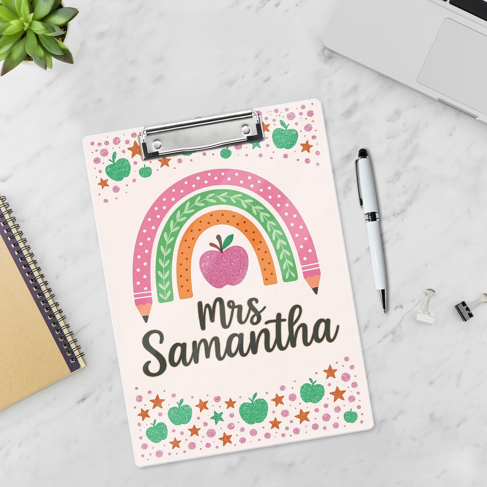 Personalized Teacher Clipboard, Cute Rainbow Apple Design, Teacher Custom Gift, Back to School Office Supplies, Cute Gift