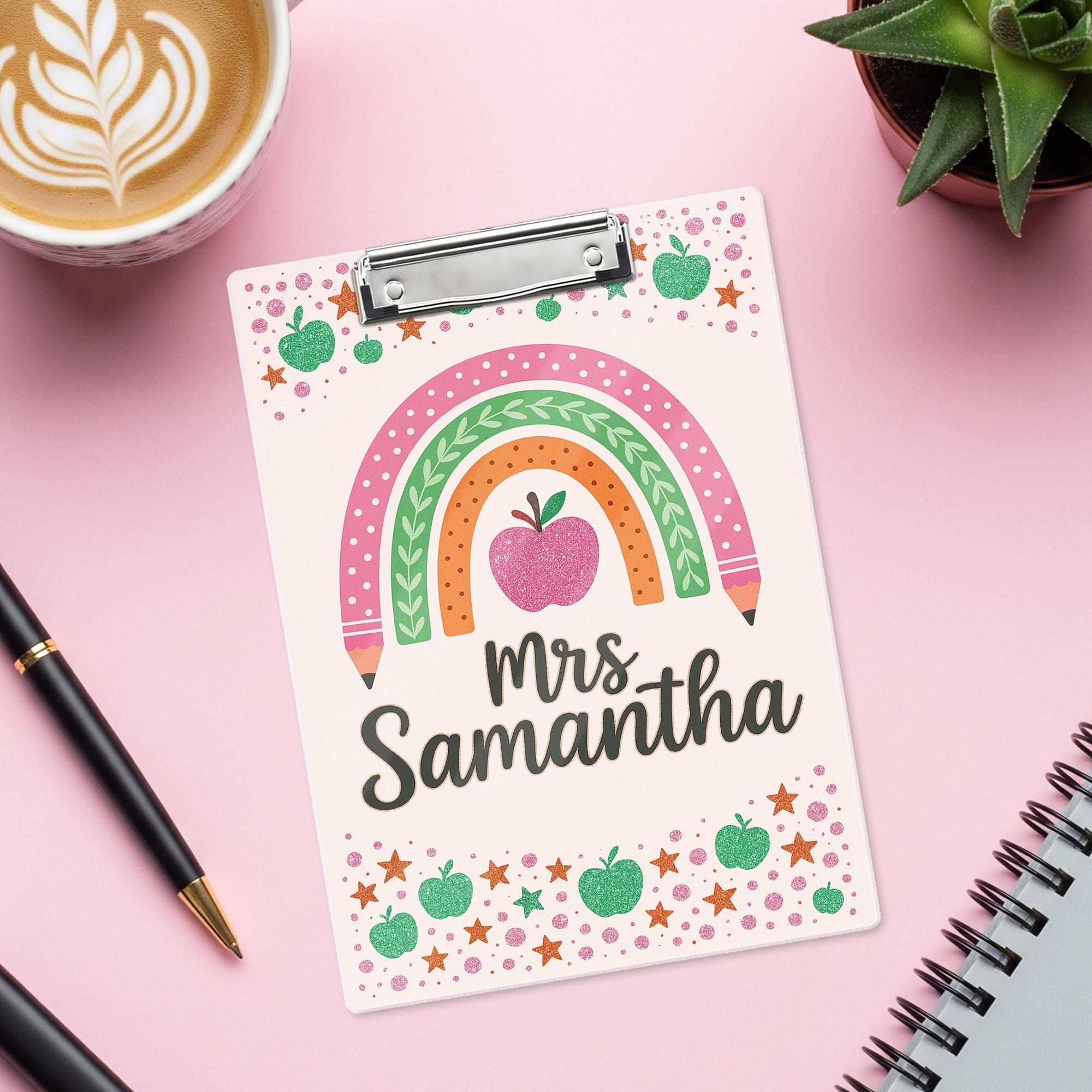 Personalized Teacher Clipboard, Cute Rainbow Apple Design, Teacher Custom Gift, Back to School Office Supplies, Cute Gift