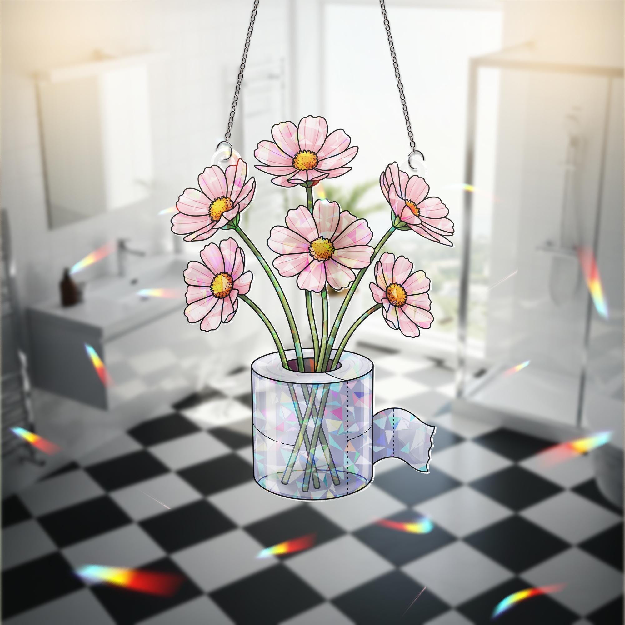 Holographic Toilet Paper Flower Suncatcher, Funny Window Hanging, Prism Bathroom Decor, Rainbow Maker, Quirky Gift Idea
