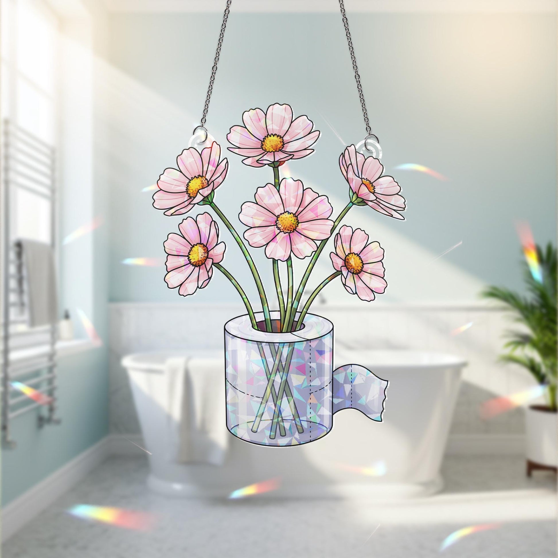 Holographic Toilet Paper Flower Suncatcher, Funny Window Hanging, Prism Bathroom Decor, Rainbow Maker, Quirky Gift Idea