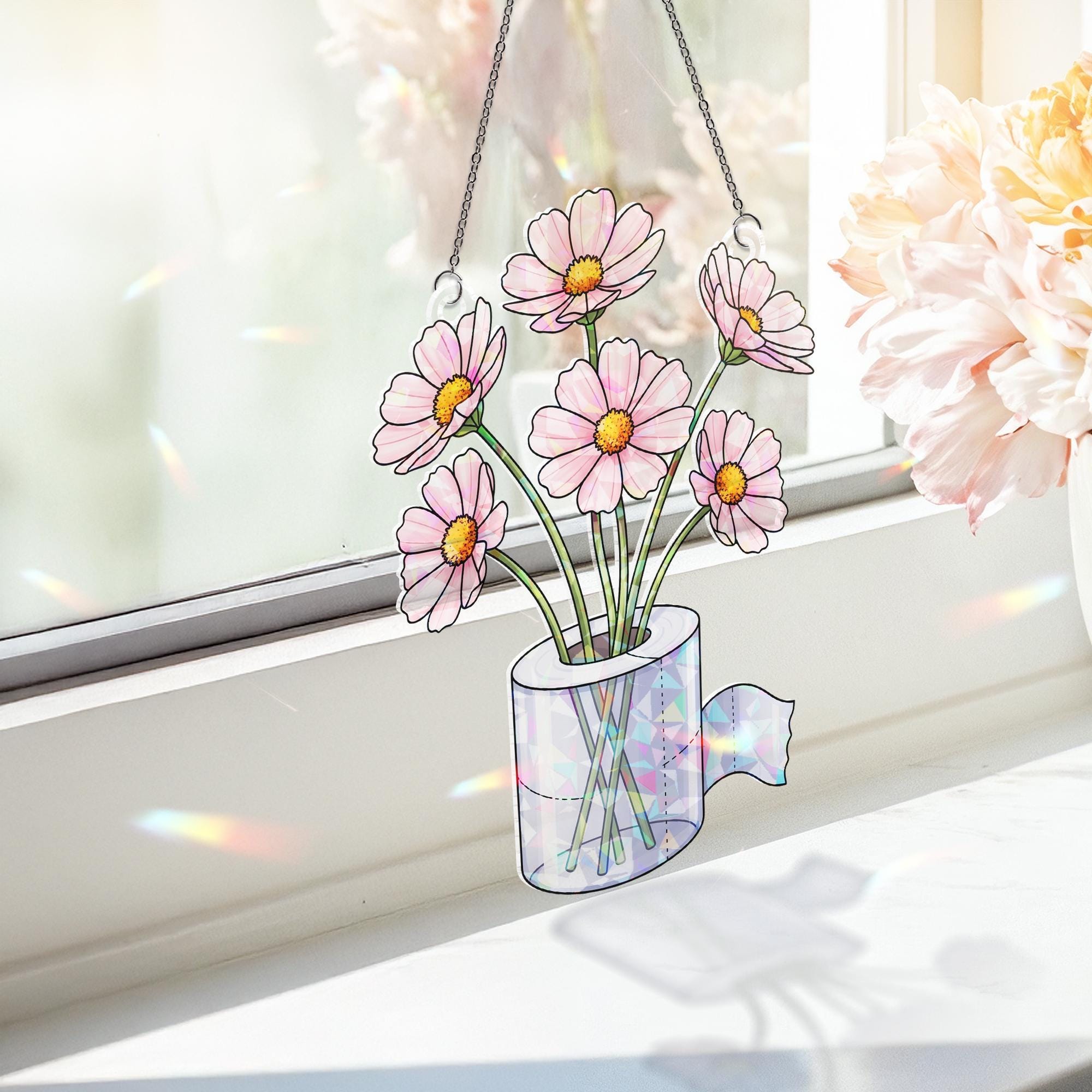 Holographic Toilet Paper Flower Suncatcher, Funny Window Hanging, Prism Bathroom Decor, Rainbow Maker, Quirky Gift Idea