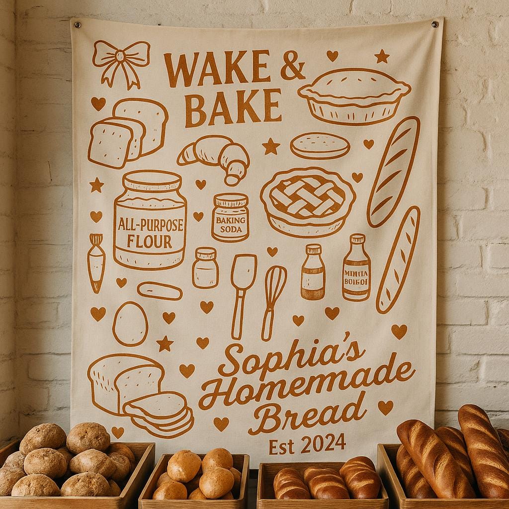 Wake & Bake Bakery Banner - Custom Bread Shop Sign - Baker Homemade Bread Tapestry - Farmer’s Market Decor - Rustic Bakery Wall Hanging