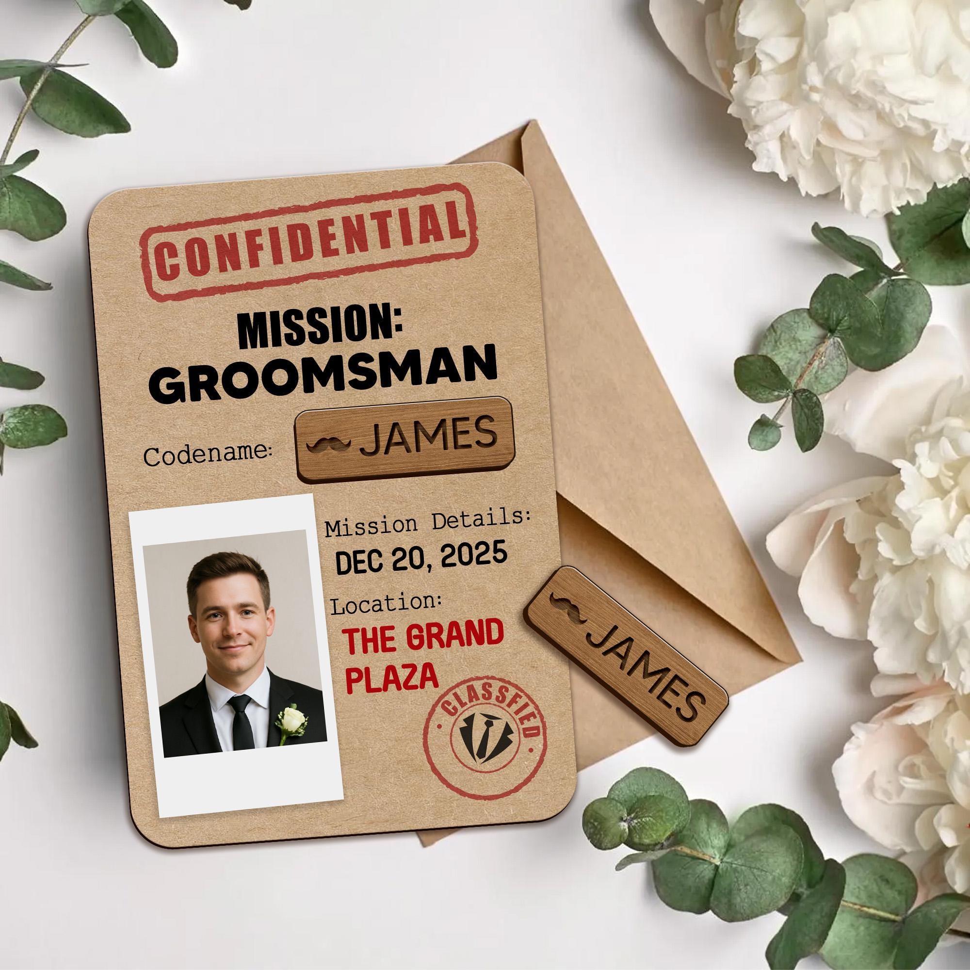 Groomsman Card Set – Custom Wooden Magnetic Name Tag, Envelope & Box – Secret Mission Wedding Party Gift for Men