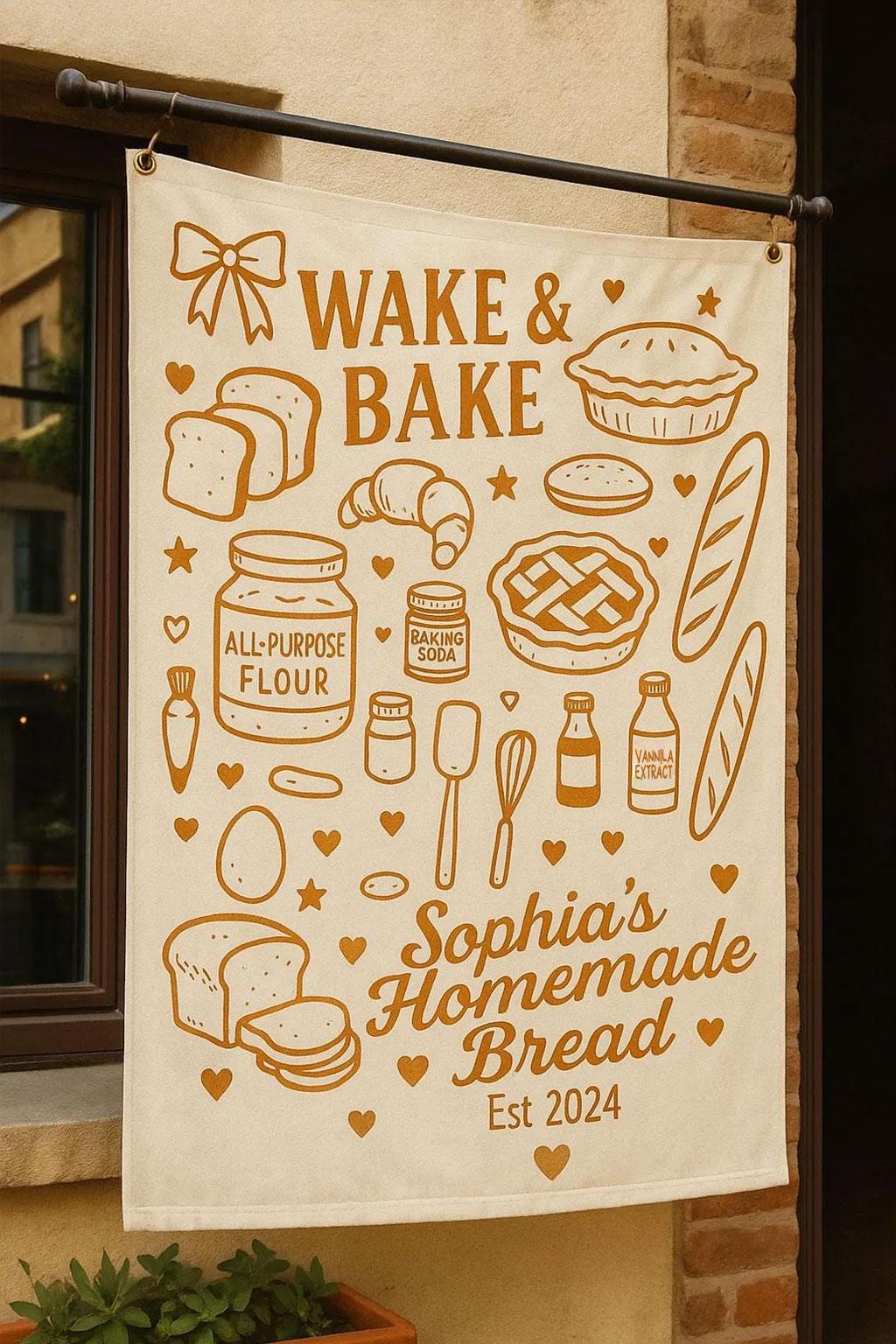 Wake & Bake Bakery Banner - Custom Bread Shop Sign - Baker Homemade Bread Tapestry - Farmer’s Market Decor - Rustic Bakery Wall Hanging