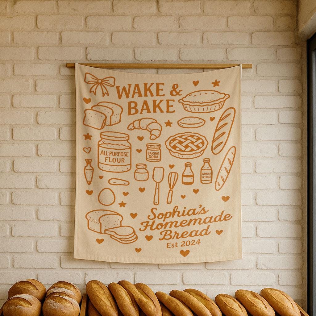 Wake & Bake Bakery Banner - Custom Bread Shop Sign - Baker Homemade Bread Tapestry - Farmer’s Market Decor - Rustic Bakery Wall Hanging