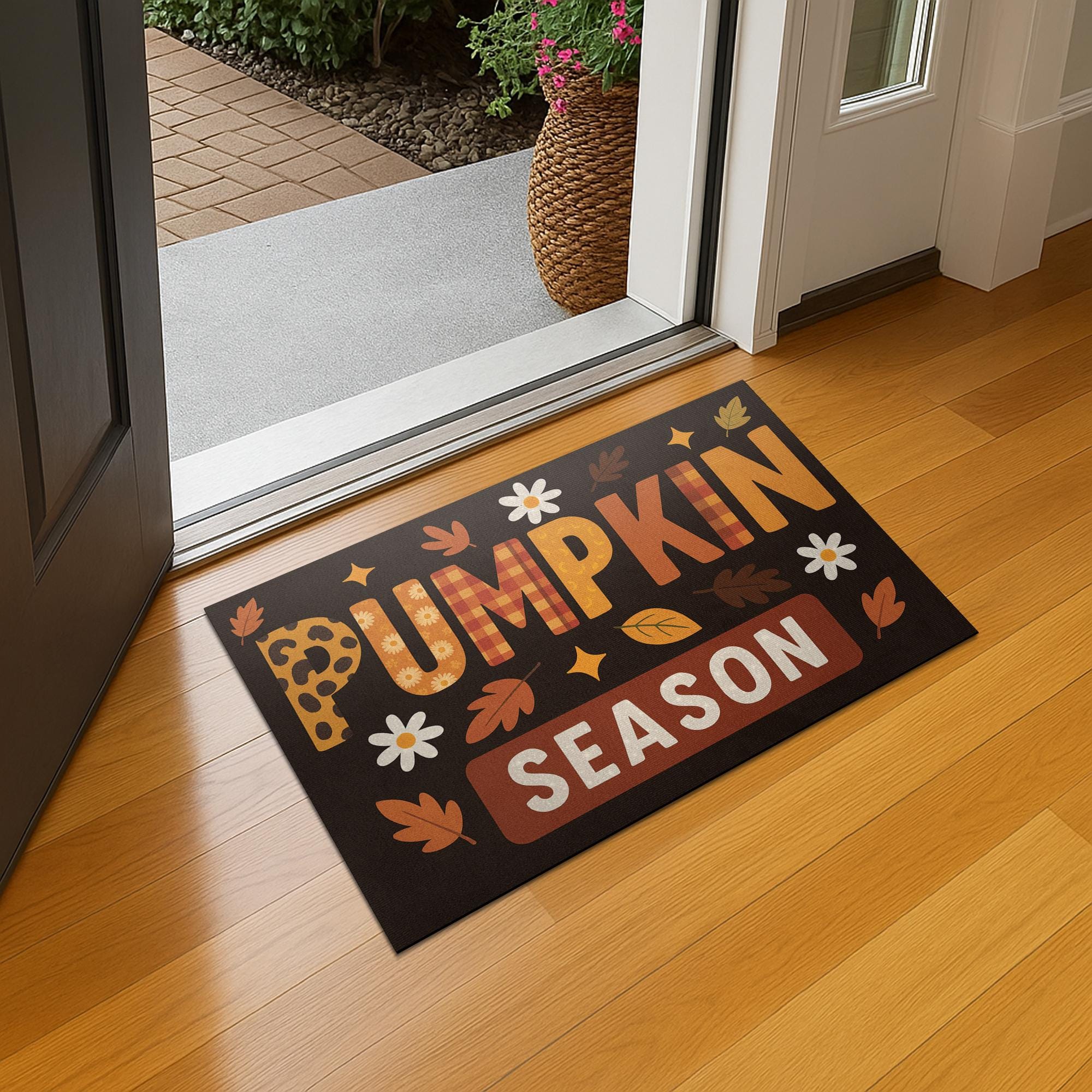 Pumpkin Season Doormat, Fall Welcome Mat, Autumn Front Door Decor, Thanksgiving Entry Rug, Cute Fall Porch Mat, Leopard Plaid Style