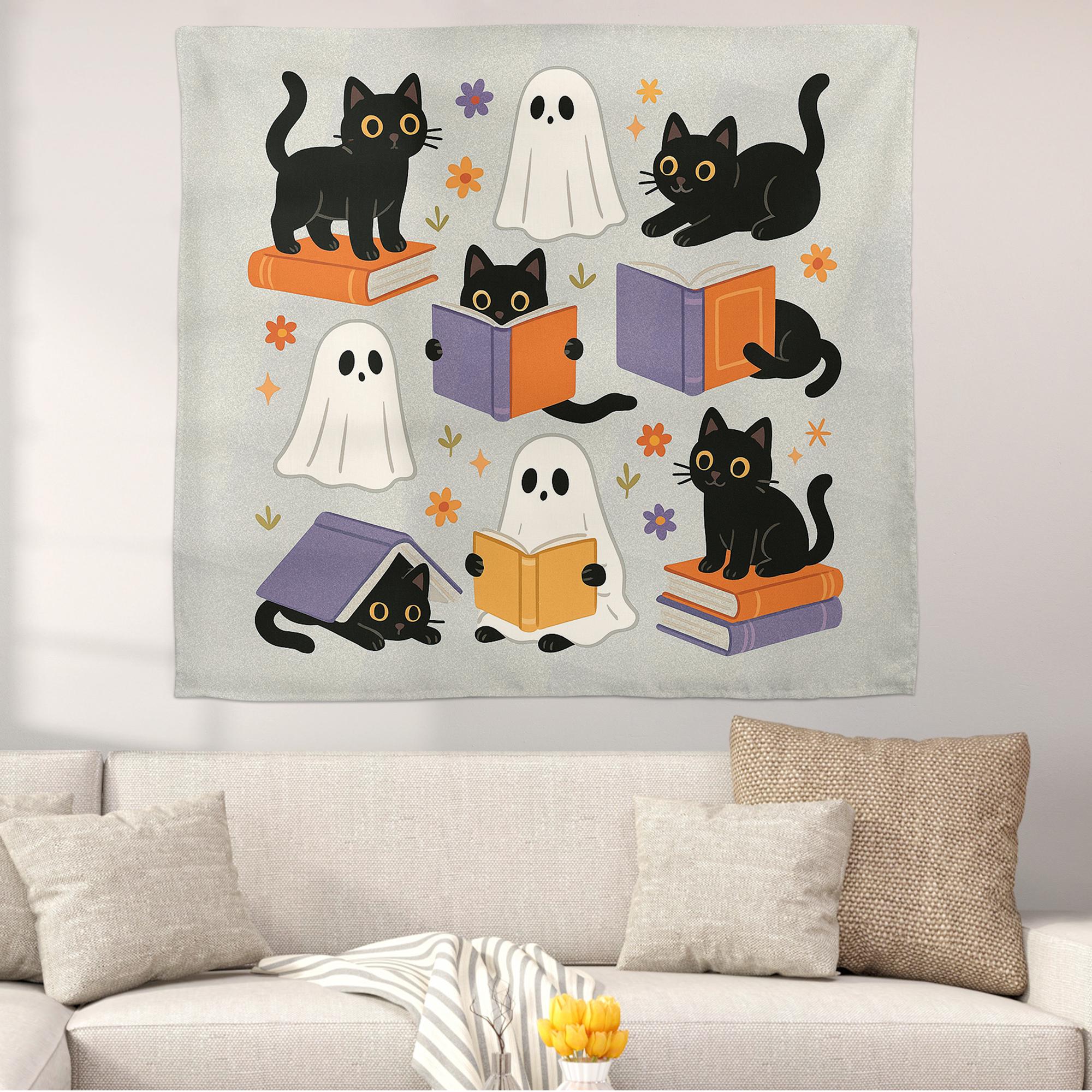 Cute Halloween Tapestry, Black Cat Ghost Wall Art, Classroom Reading Decor, Fall Bookish Banner, Spooky Cute School Tapestry