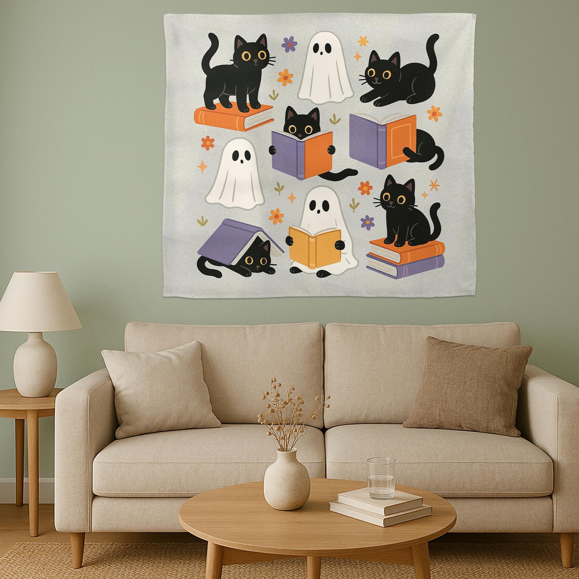 Cute Halloween Tapestry, Black Cat Ghost Wall Art, Classroom Reading Decor, Fall Bookish Banner, Spooky Cute School Tapestry