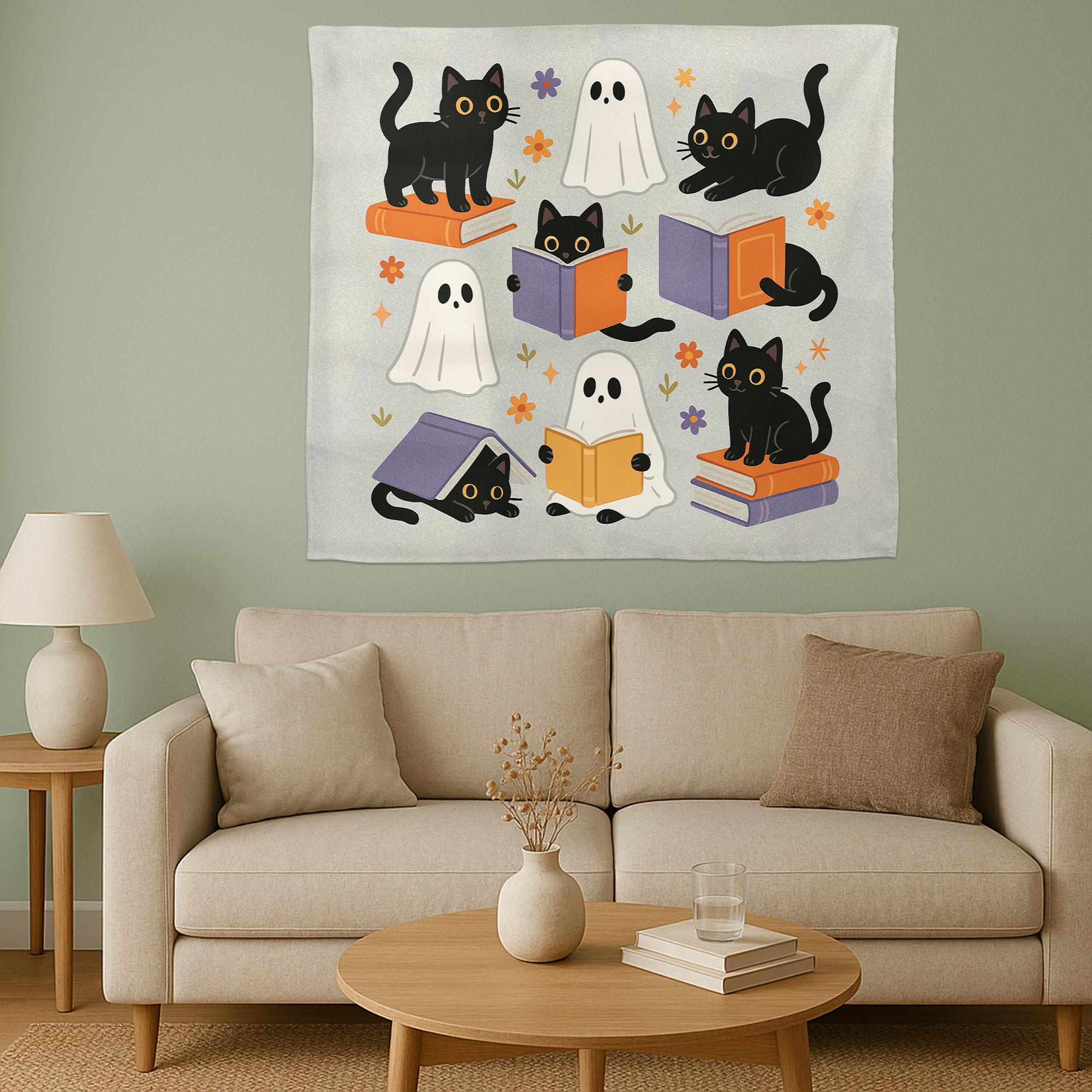 Cute Halloween Tapestry, Black Cat Ghost Wall Art, Classroom Reading Decor, Fall Bookish Banner, Spooky Cute School Tapestry