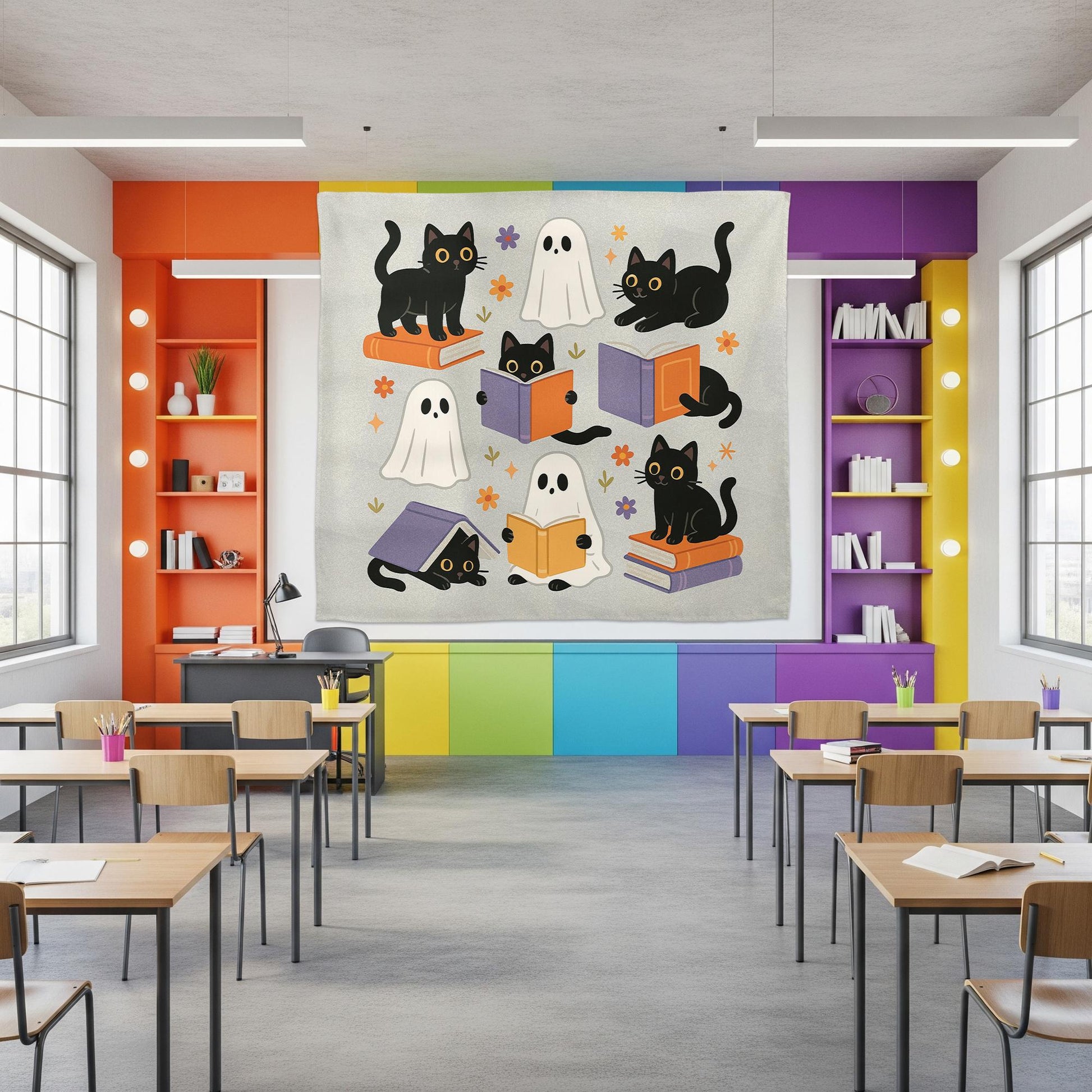 Cute Halloween Tapestry, Black Cat Ghost Wall Art, Classroom Reading Decor, Fall Bookish Banner, Spooky Cute School Tapestry