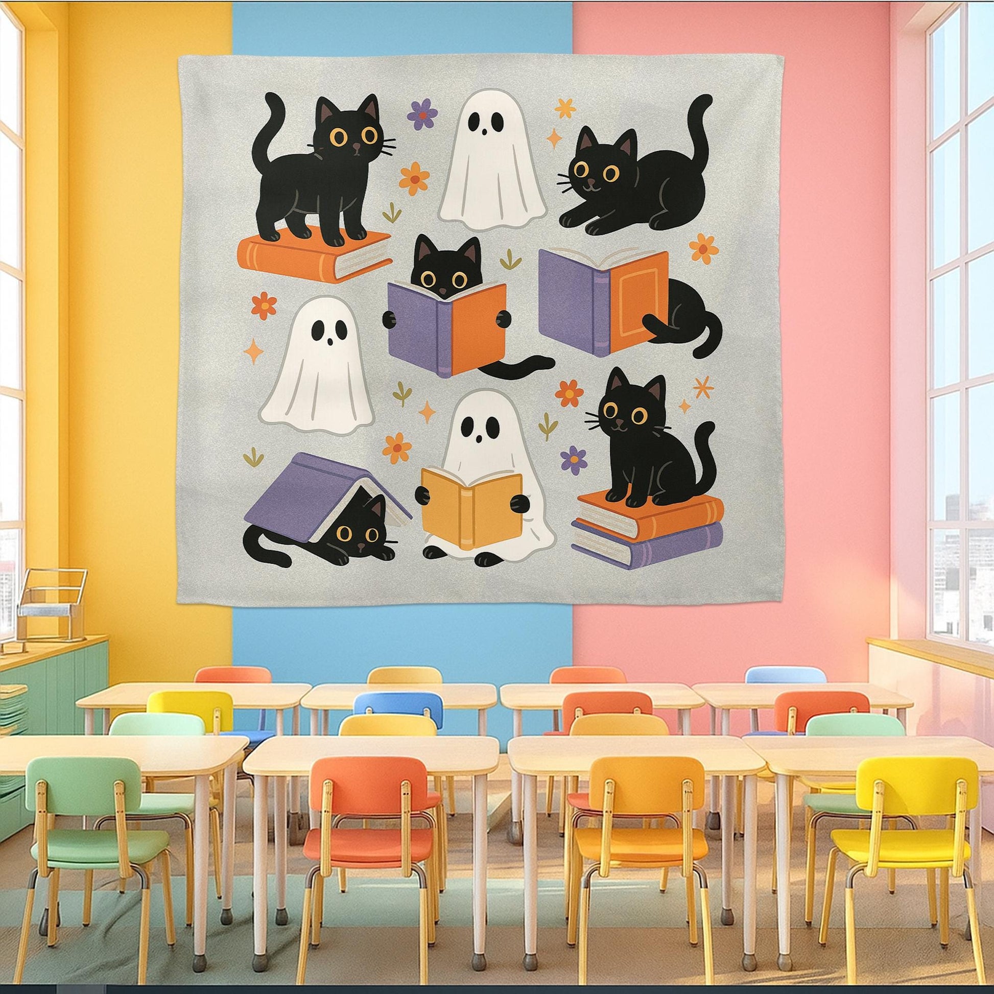Cute Halloween Tapestry, Black Cat Ghost Wall Art, Classroom Reading Decor, Fall Bookish Banner, Spooky Cute School Tapestry