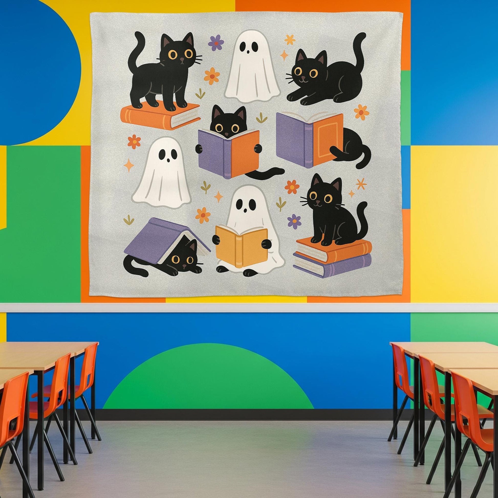 Cute Halloween Tapestry, Black Cat Ghost Wall Art, Classroom Reading Decor, Fall Bookish Banner, Spooky Cute School Tapestry