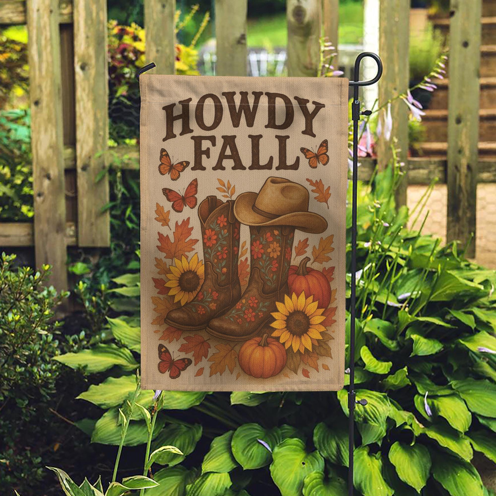 Howdy Fall Garden Flag, Western Autumn Yard Decor, Cowboy Boot Pumpkin Banner, Rustic Fall Outdoor Sign, Country Seasonal Flag
