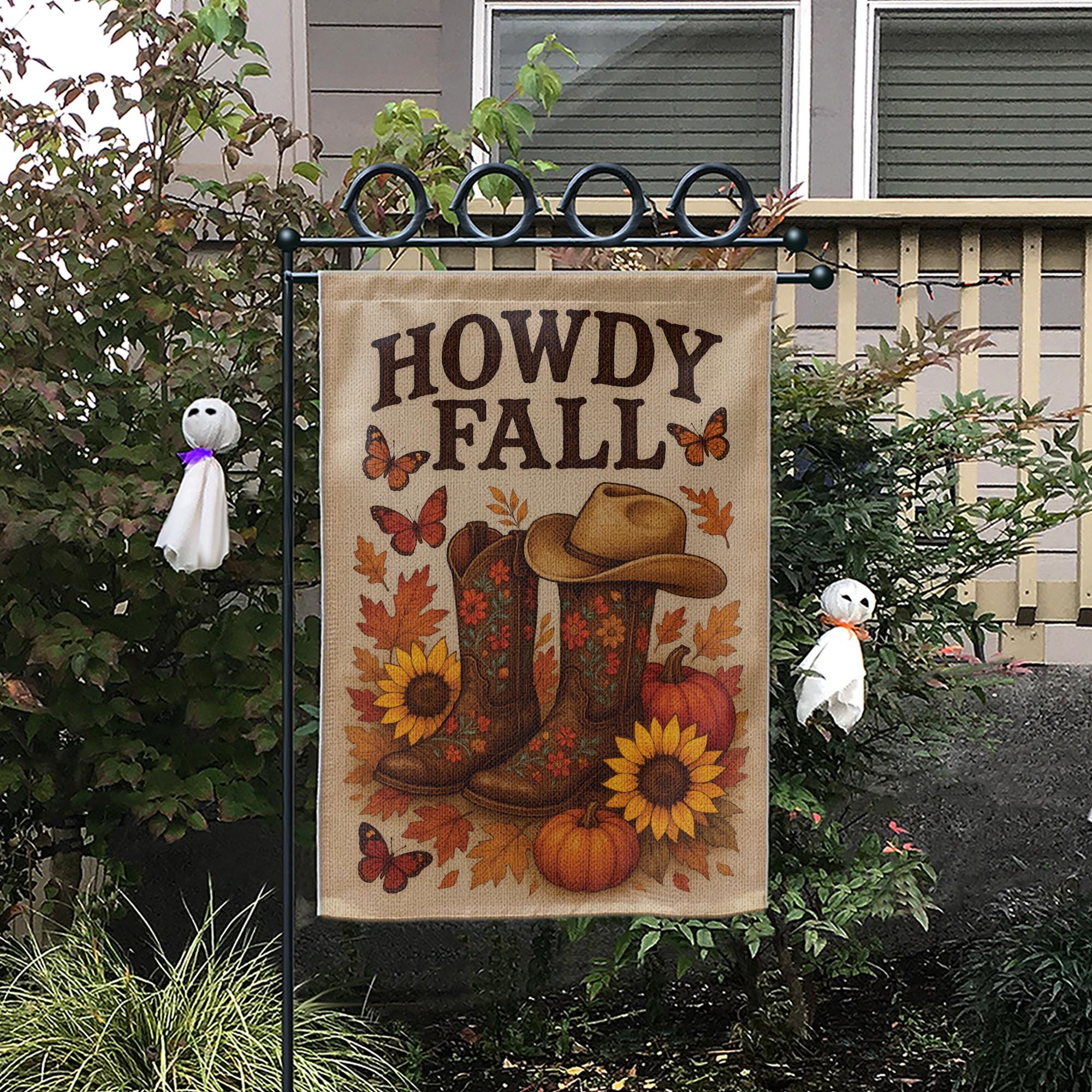 Howdy Fall Garden Flag, Western Autumn Yard Decor, Cowboy Boot Pumpkin Banner, Rustic Fall Outdoor Sign, Country Seasonal Flag