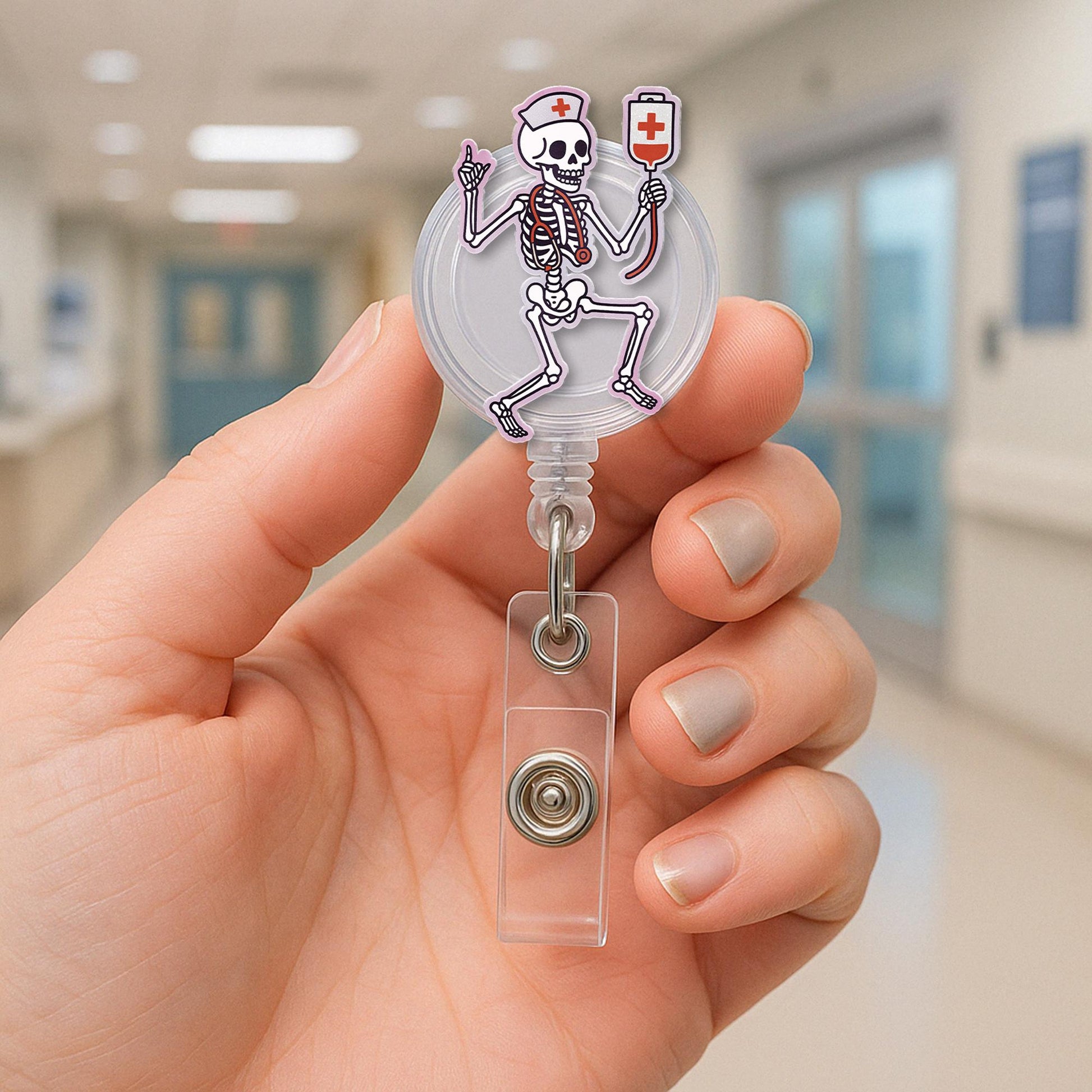 Skeleton Nurse Badge Reel, Halloween ID Holder, Cute Medical Badge Clip, RN Lanyard Accessory, Funny Healthcare Badge Reel