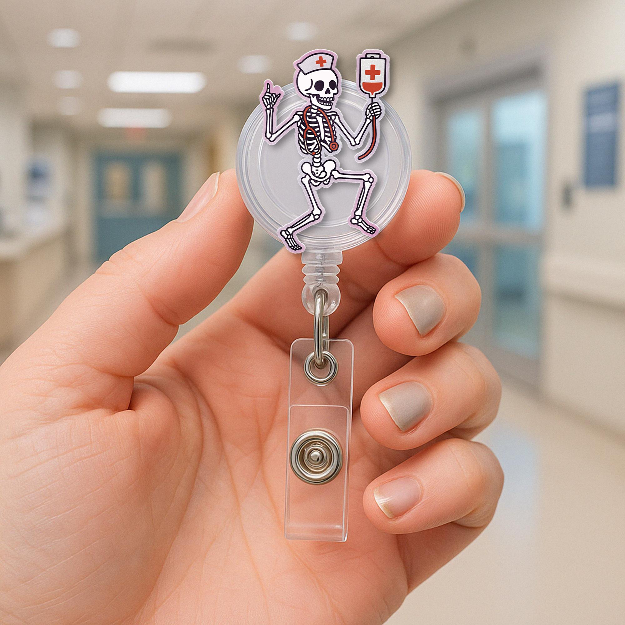 Skeleton Nurse Badge Reel, Halloween ID Holder, Cute Medical Badge Clip, RN Lanyard Accessory, Funny Healthcare Badge Reel