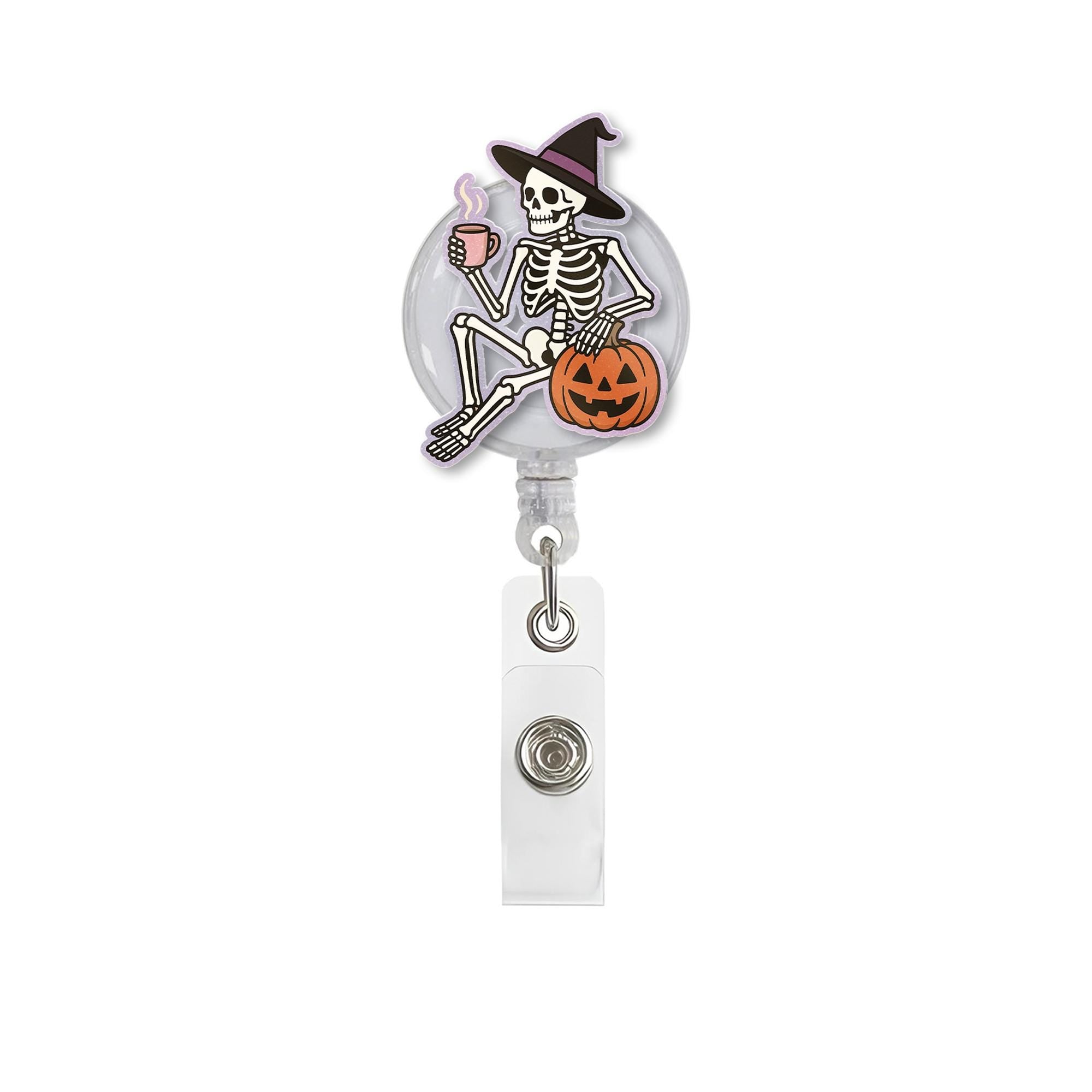 Witch Skeleton Badge Reel, Halloween Coffee ID Holder, Cute Fall Badge Clip, Pumpkin Nurse Gift, Funny Medical Badge Accessory