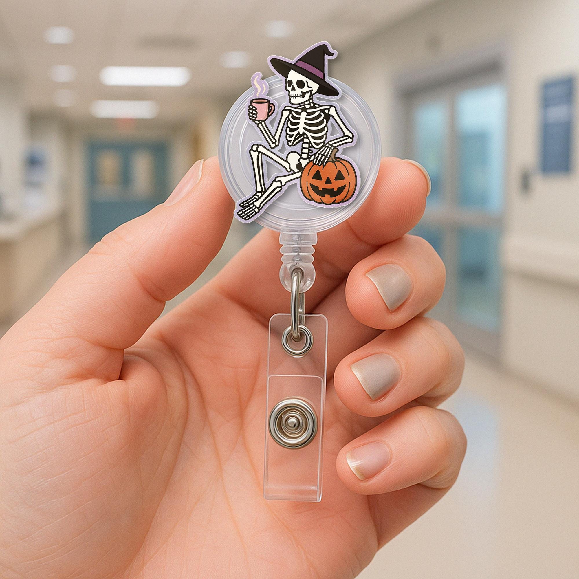 Witch Skeleton Badge Reel, Halloween Coffee ID Holder, Cute Fall Badge Clip, Pumpkin Nurse Gift, Funny Medical Badge Accessory