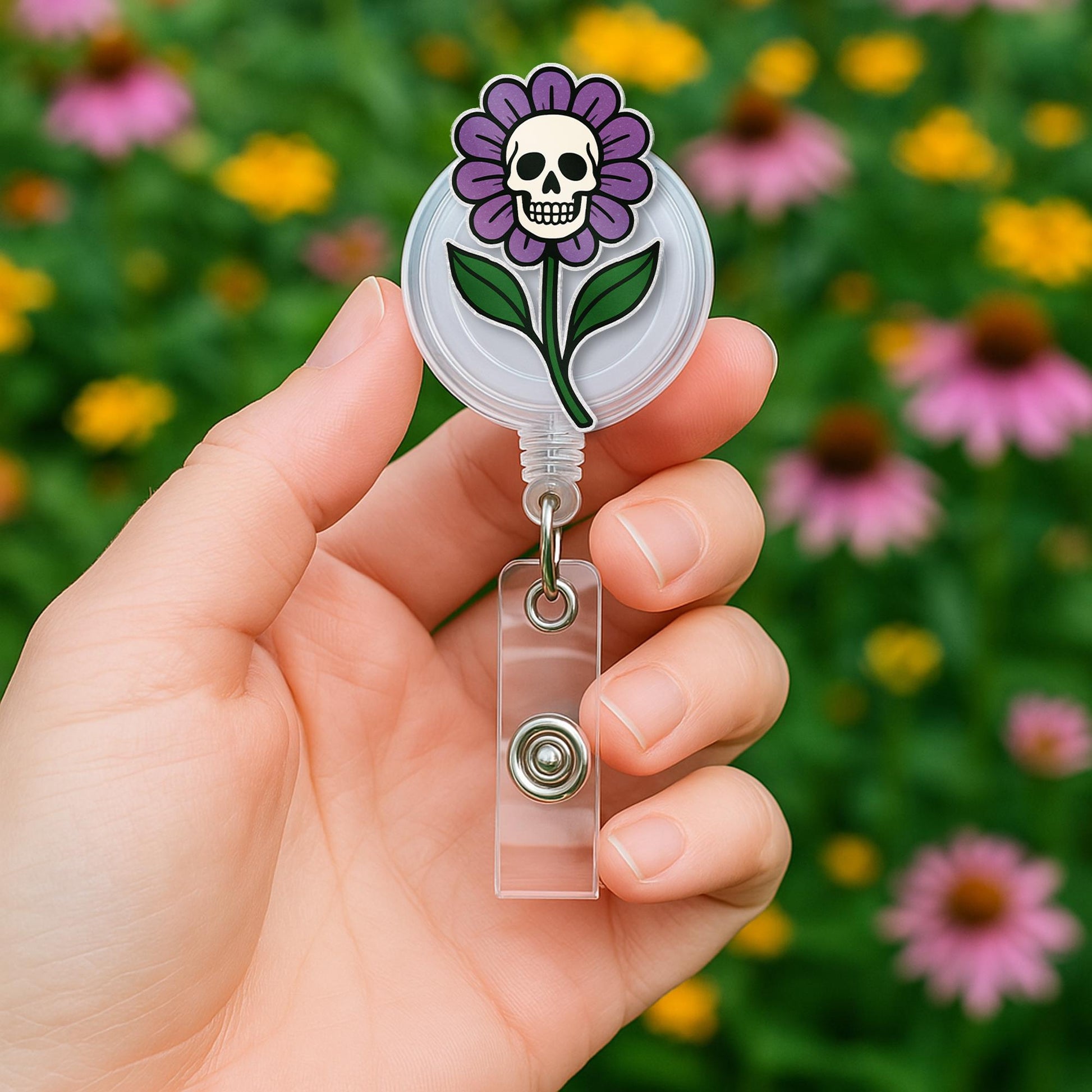 Skull Flower Badge Reel, Gothic ID Holder, Cute Spooky Nurse Clip, Halloween Floral Badge, Dark Aesthetic Badge Reel