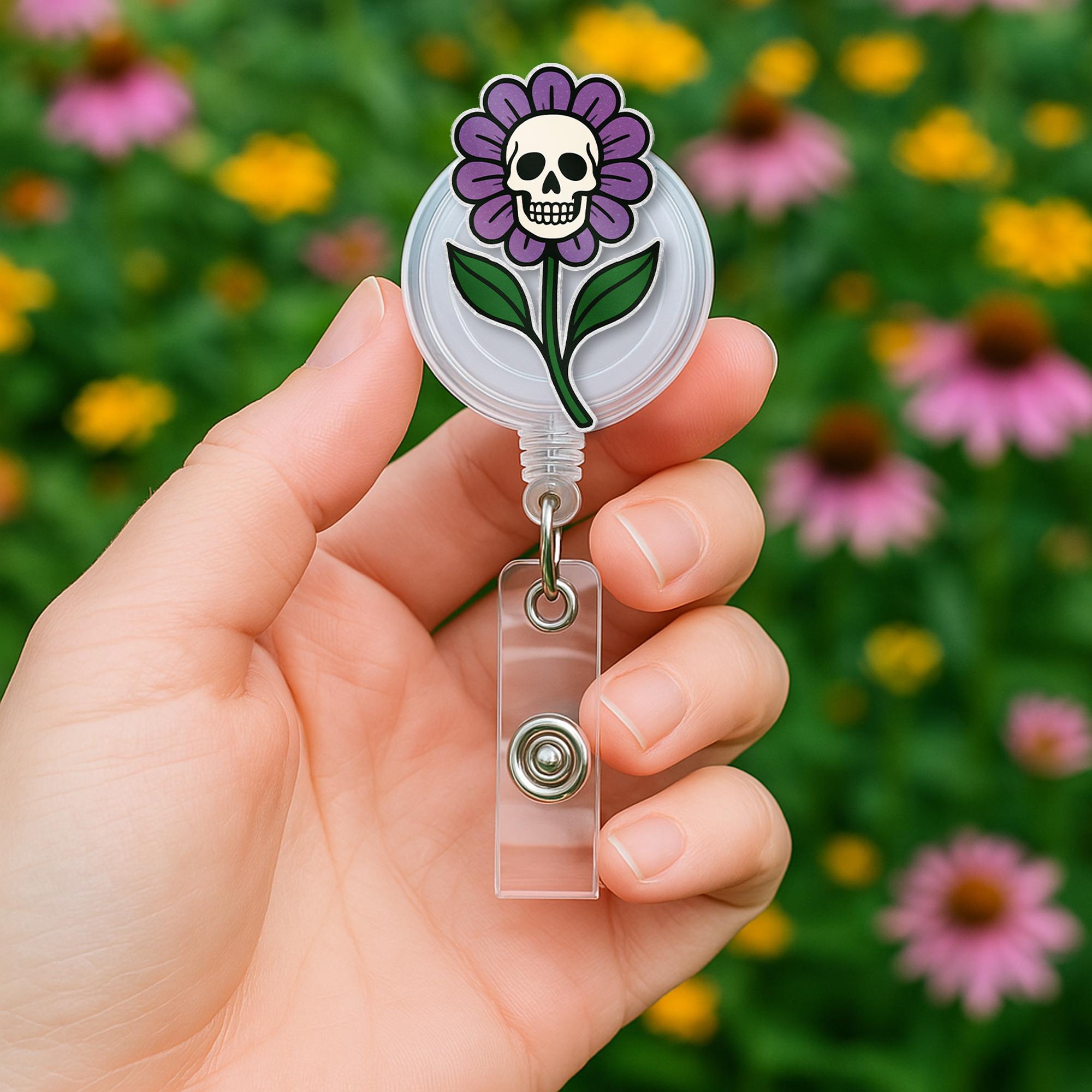 Skull Flower Badge Reel, Gothic ID Holder, Cute Spooky Nurse Clip, Halloween Floral Badge, Dark Aesthetic Badge Reel