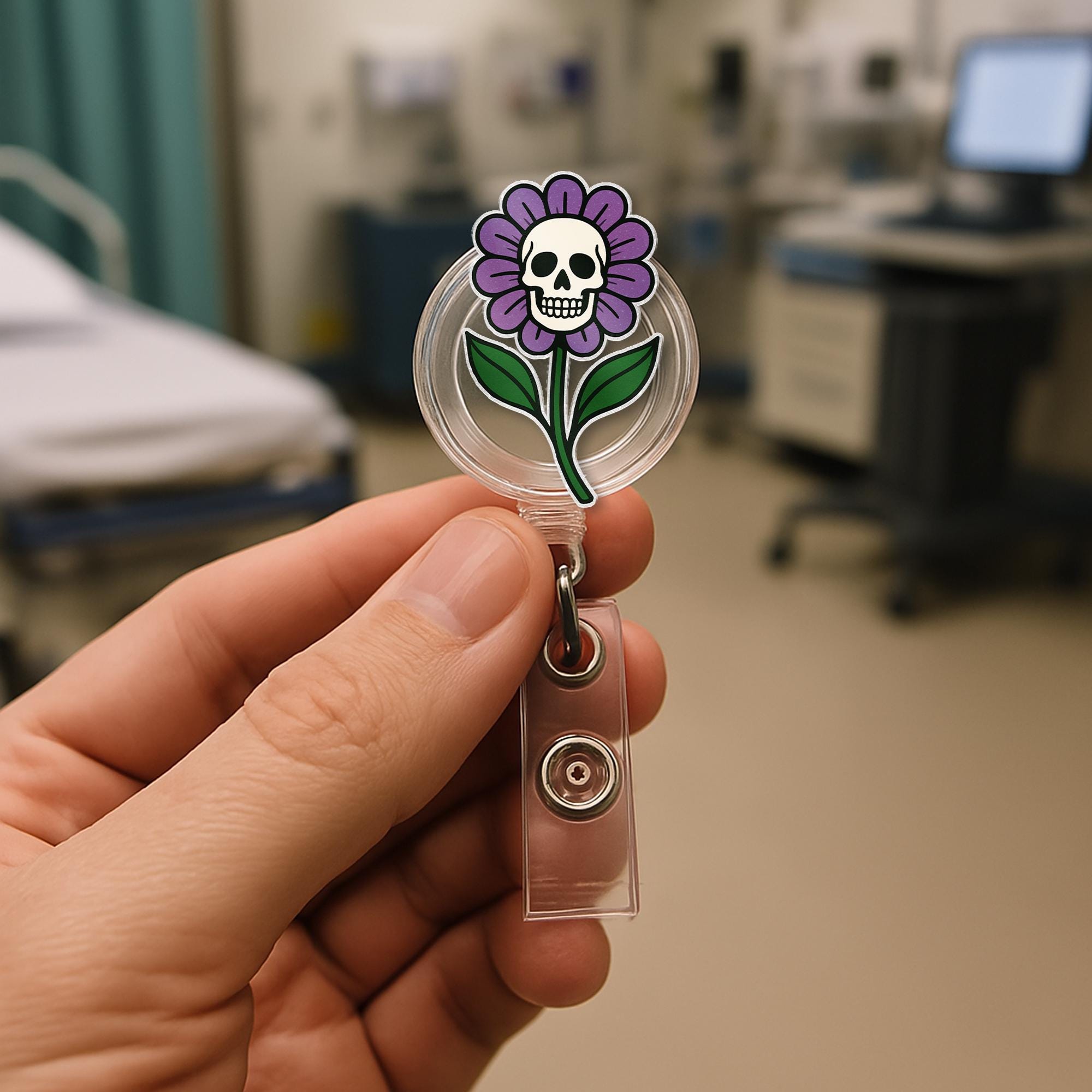 Skull Flower Badge Reel, Gothic ID Holder, Cute Spooky Nurse Clip, Halloween Floral Badge, Dark Aesthetic Badge Reel