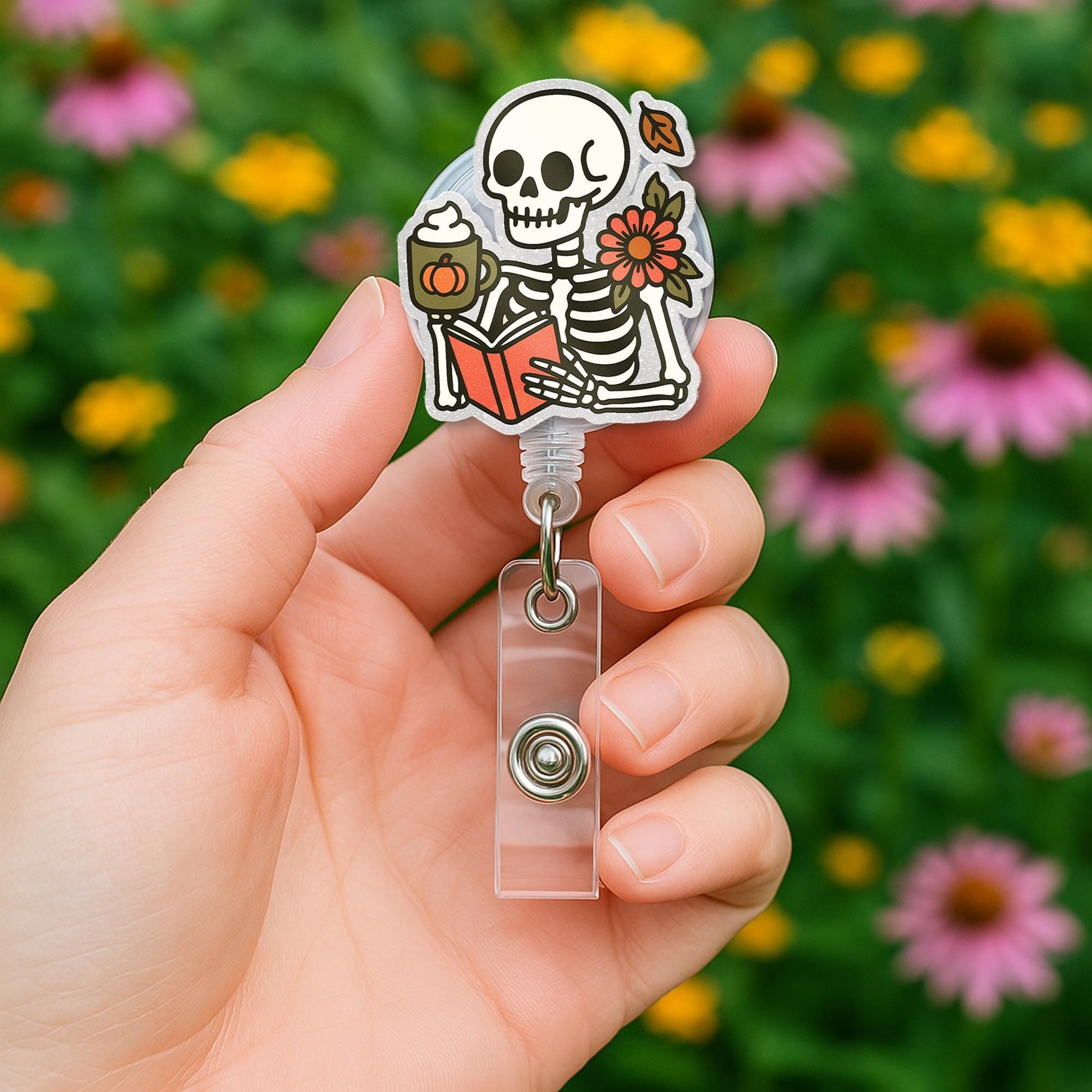Skeleton Reading Badge Reel, Fall Coffee ID Holder, Pumpkin Spice Nurse Clip, Cute Halloween Badge, Spooky Autumn Accessory