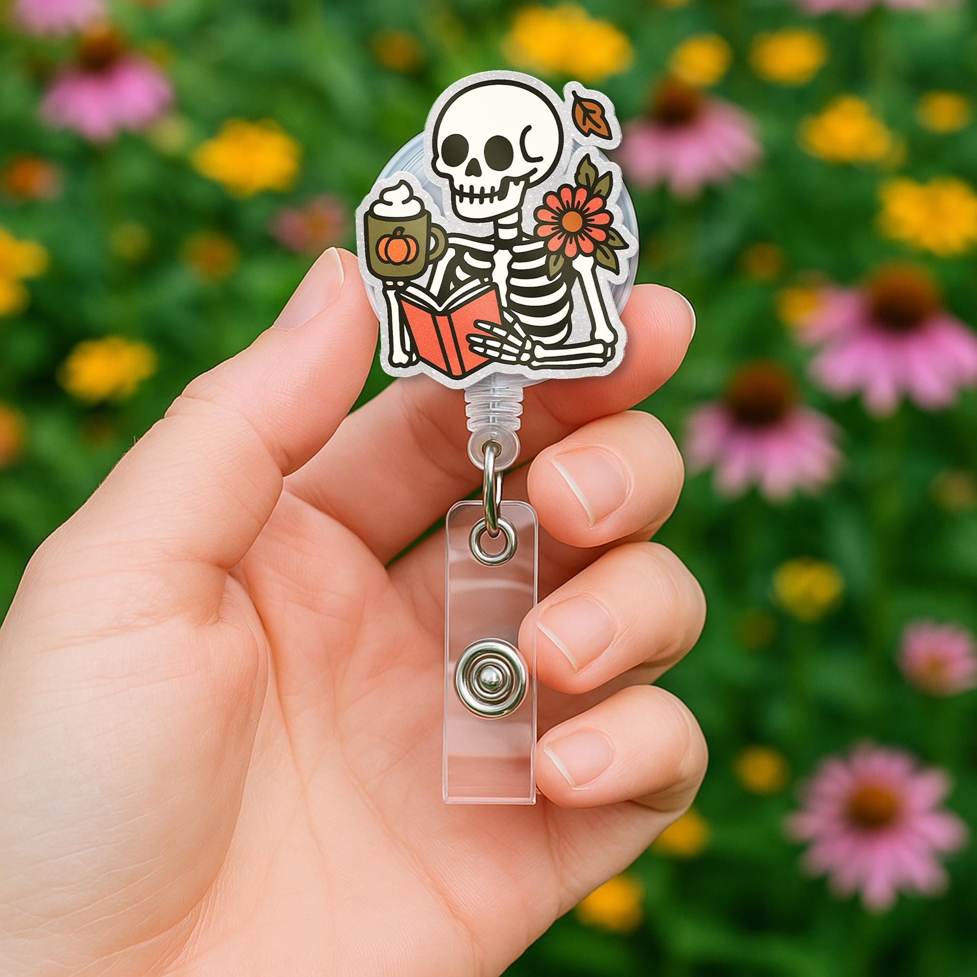 Skeleton Reading Badge Reel, Fall Coffee ID Holder, Pumpkin Spice Nurse Clip, Cute Halloween Badge, Spooky Autumn Accessory
