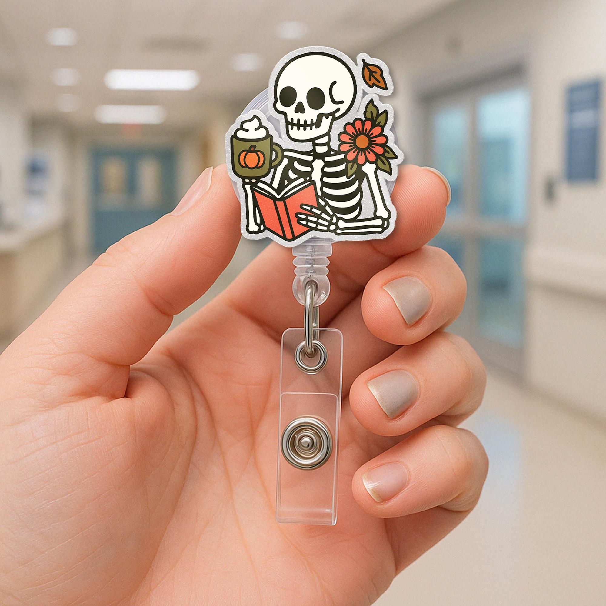 Skeleton Reading Badge Reel, Fall Coffee ID Holder, Pumpkin Spice Nurse Clip, Cute Halloween Badge, Spooky Autumn Accessory