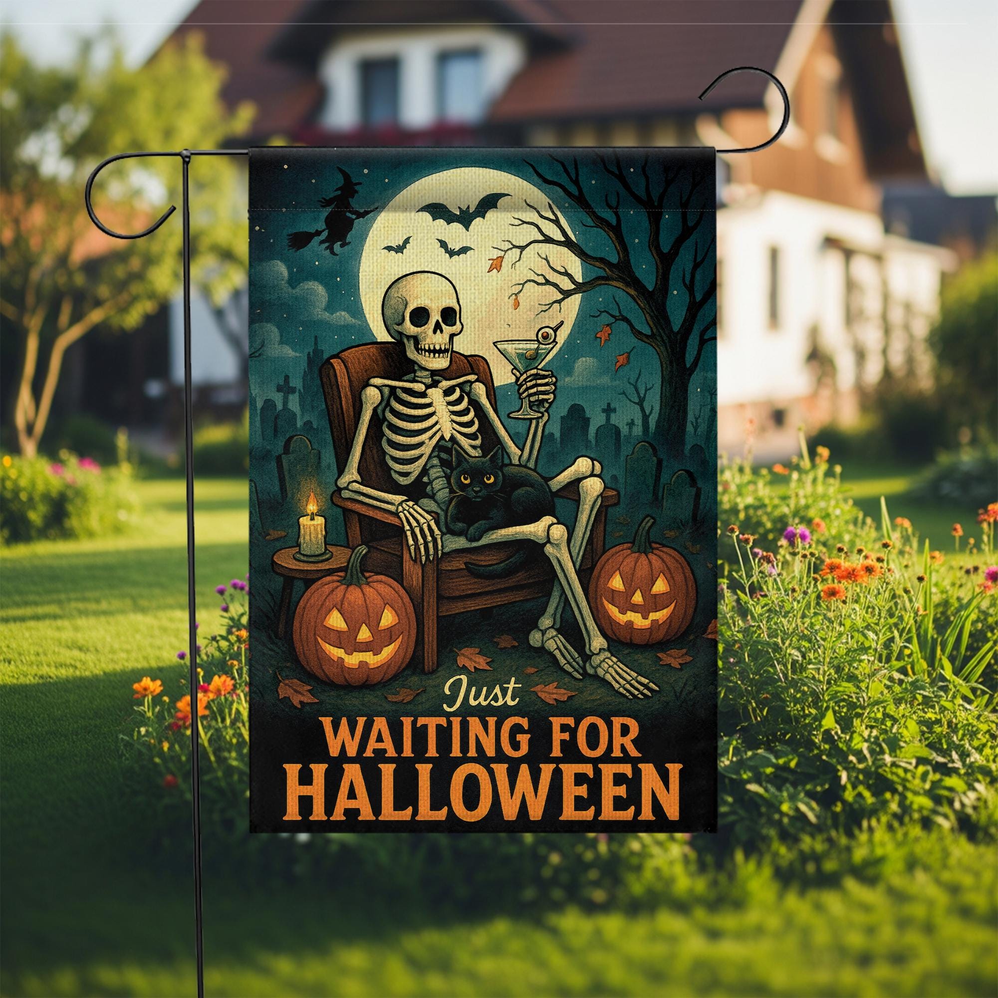Just Waiting for Halloween Flag, Skeleton Garden Decor, Spooky Outdoor Yard Sign, Black Cat Pumpkin Flag, Funny Fall Porch Decor
