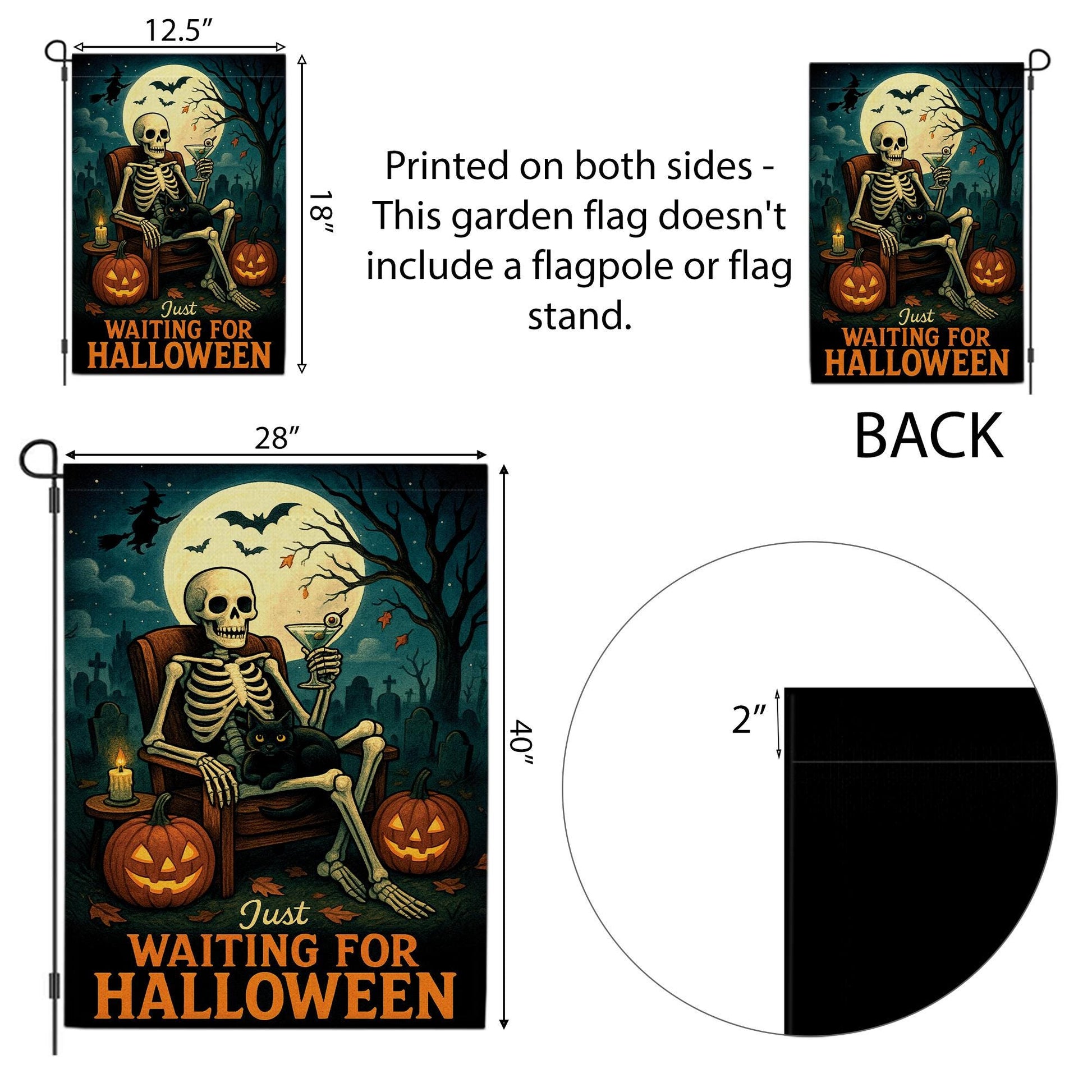 Just Waiting for Halloween Flag, Skeleton Garden Decor, Spooky Outdoor Yard Sign, Black Cat Pumpkin Flag, Funny Fall Porch Decor