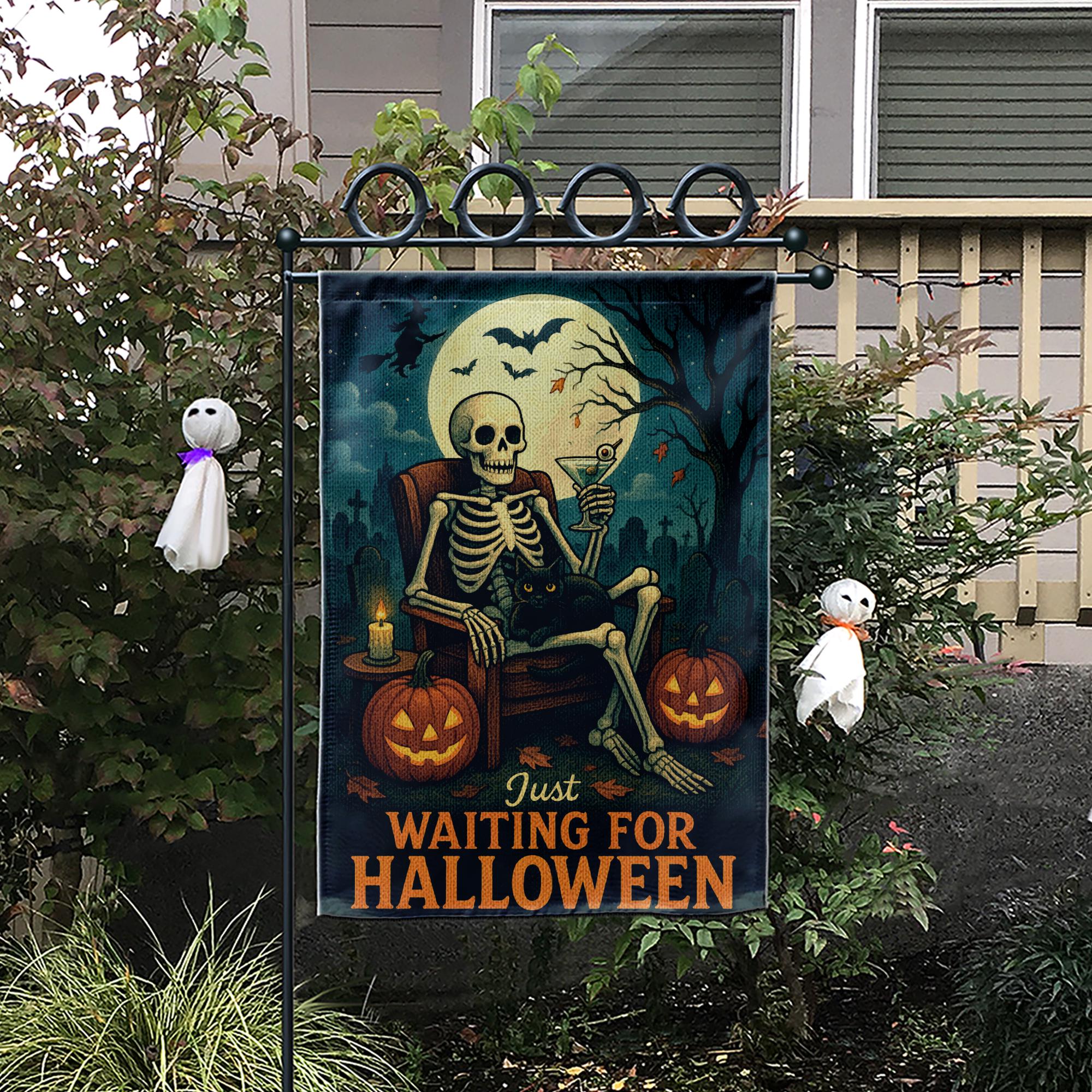 Just Waiting for Halloween Flag, Skeleton Garden Decor, Spooky Outdoor Yard Sign, Black Cat Pumpkin Flag, Funny Fall Porch Decor
