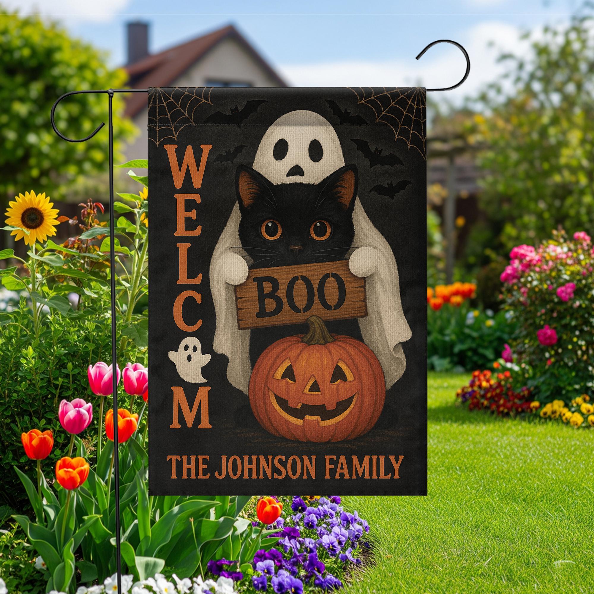 Personalized Halloween Garden Flag, Ghost Cat Pumpkin Yard Sign, Boo Welcome Outdoor Decor, Custom Spooky Family Name Flag