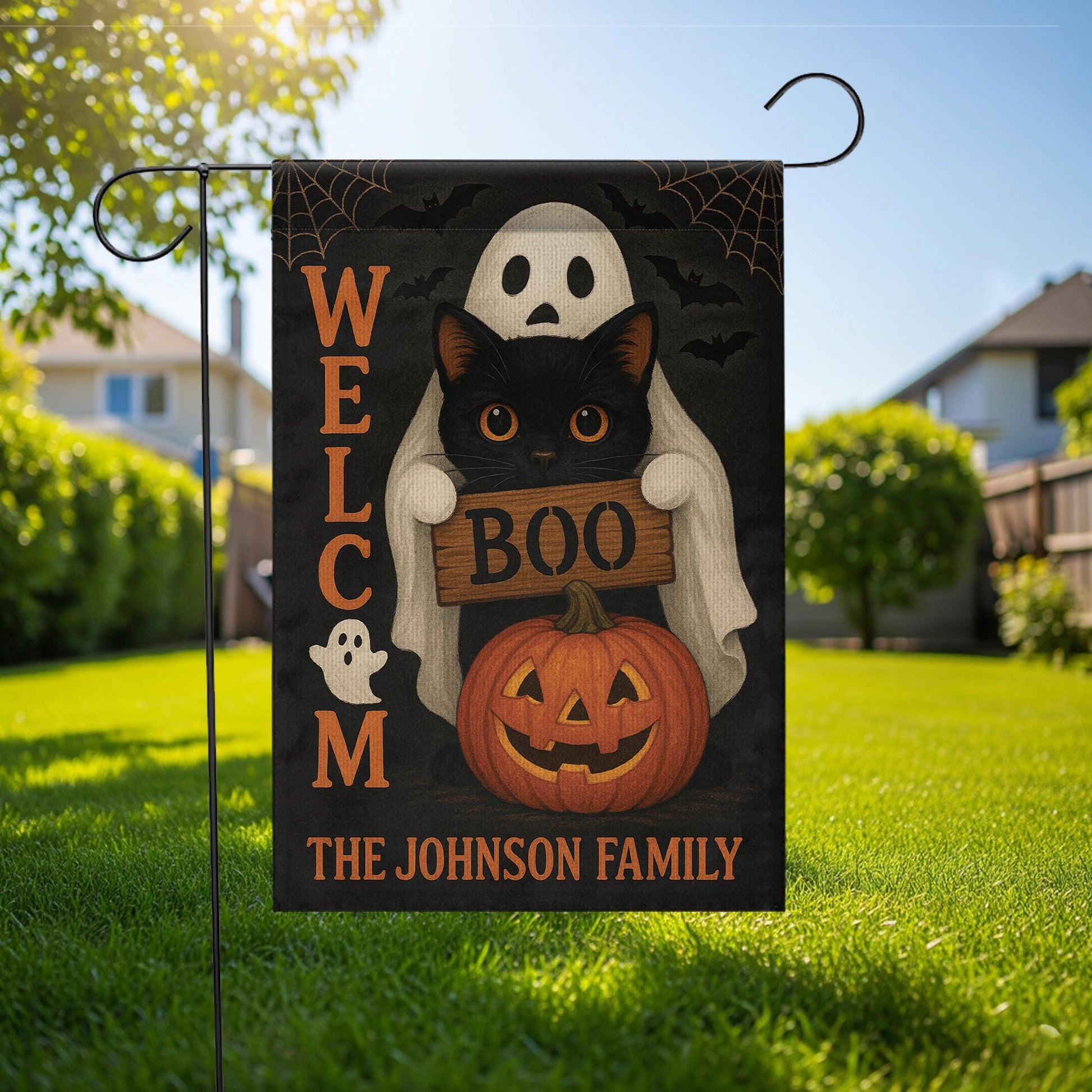 Personalized Halloween Garden Flag, Ghost Cat Pumpkin Yard Sign, Boo Welcome Outdoor Decor, Custom Spooky Family Name Flag