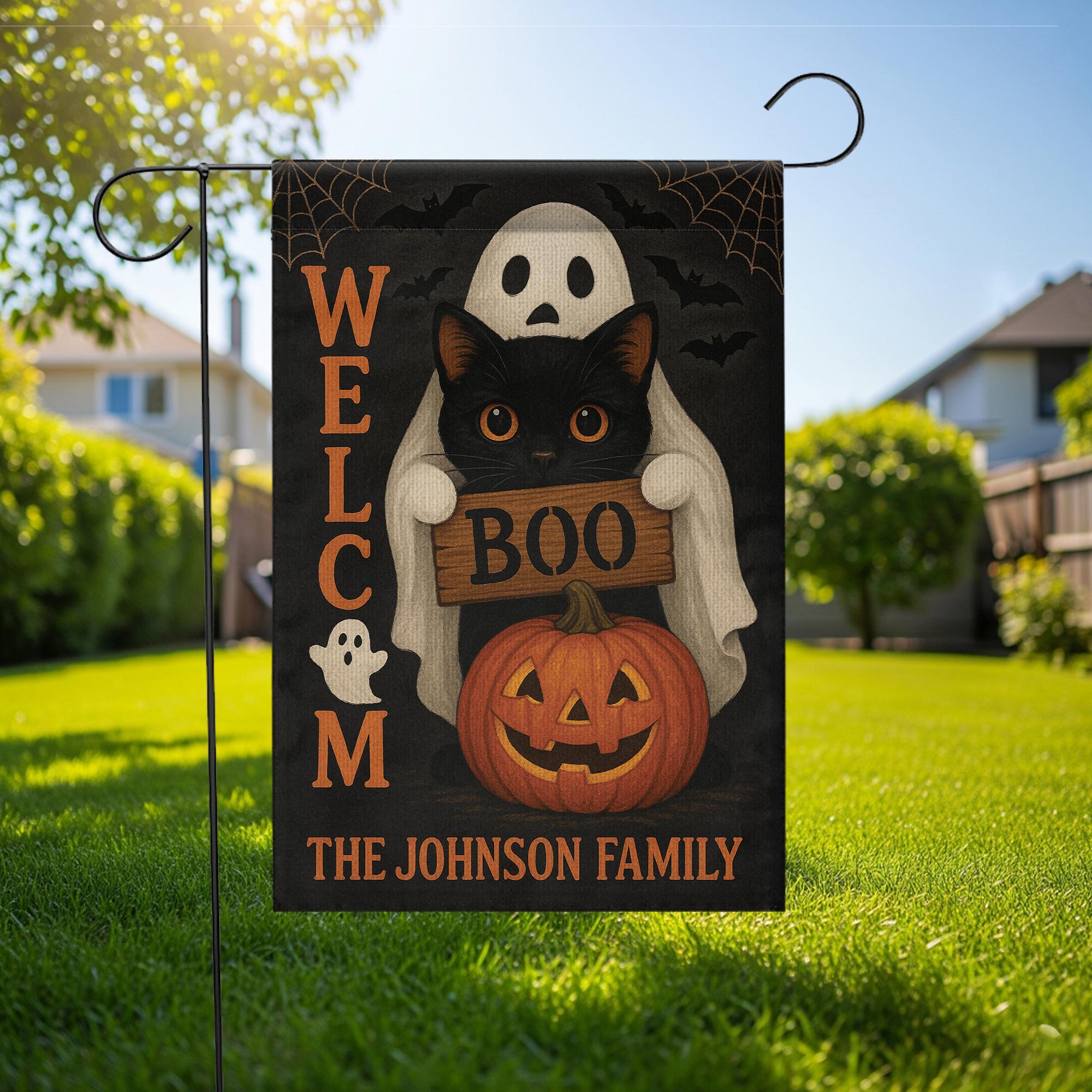 Personalized Halloween Garden Flag, Ghost Cat Pumpkin Yard Sign, Boo Welcome Outdoor Decor, Custom Spooky Family Name Flag