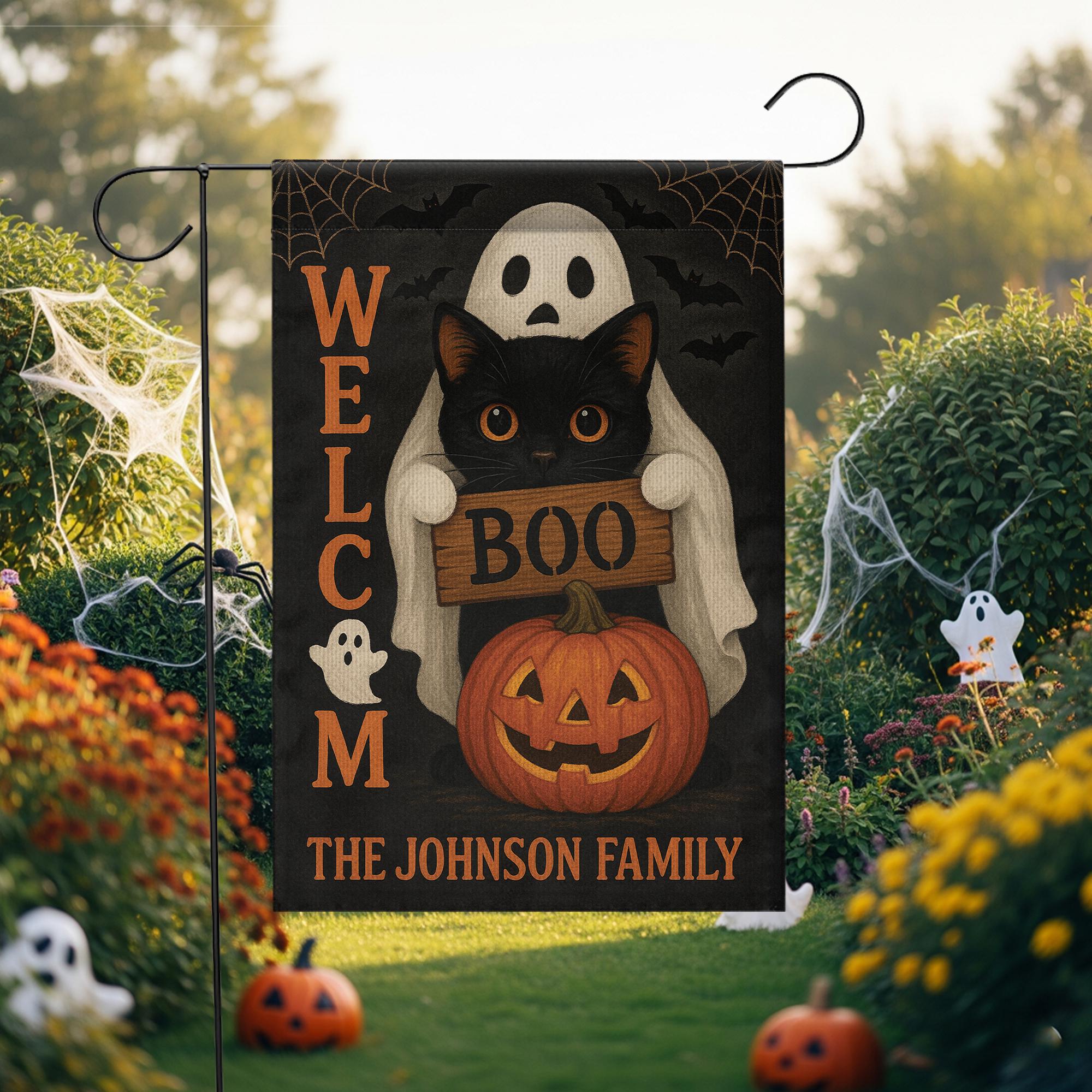 Personalized Halloween Garden Flag, Ghost Cat Pumpkin Yard Sign, Boo Welcome Outdoor Decor, Custom Spooky Family Name Flag