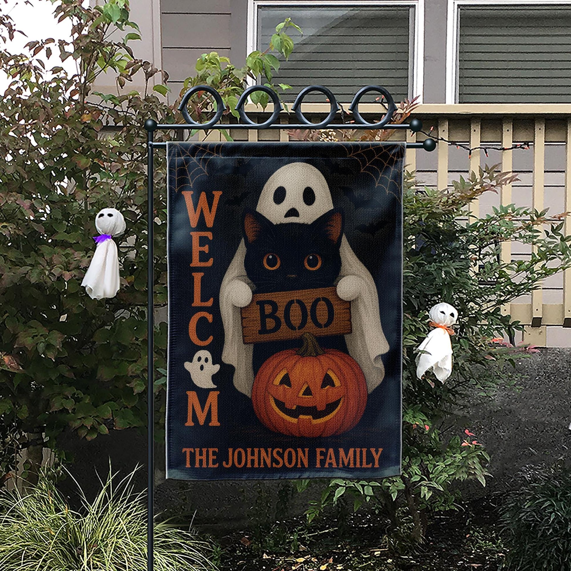 Personalized Halloween Garden Flag, Ghost Cat Pumpkin Yard Sign, Boo Welcome Outdoor Decor, Custom Spooky Family Name Flag