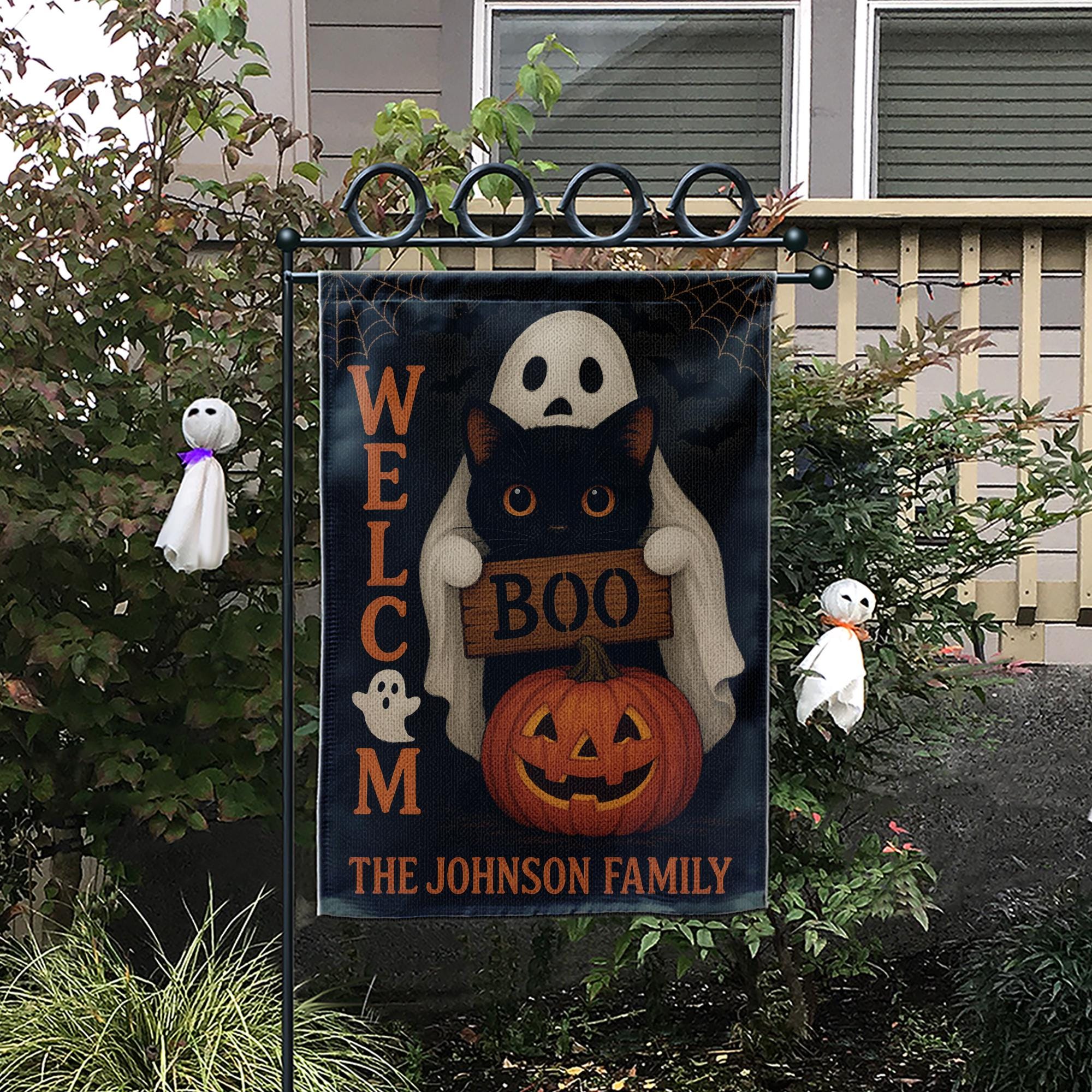 Personalized Halloween Garden Flag, Ghost Cat Pumpkin Yard Sign, Boo Welcome Outdoor Decor, Custom Spooky Family Name Flag