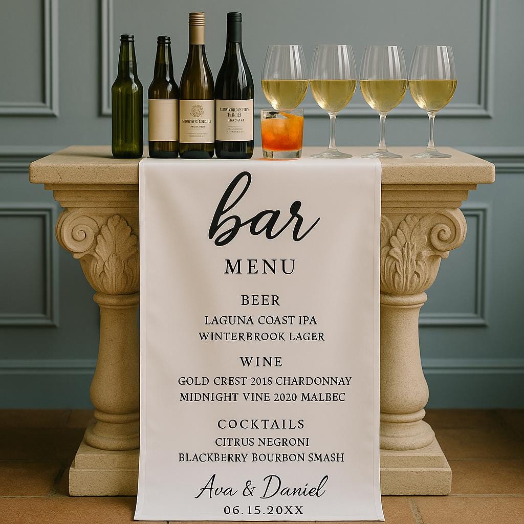 Custom Wedding Bar Sign – Personalized Drink Menu Banner with Beer & Wine for Reception or Cocktail Hour Decor